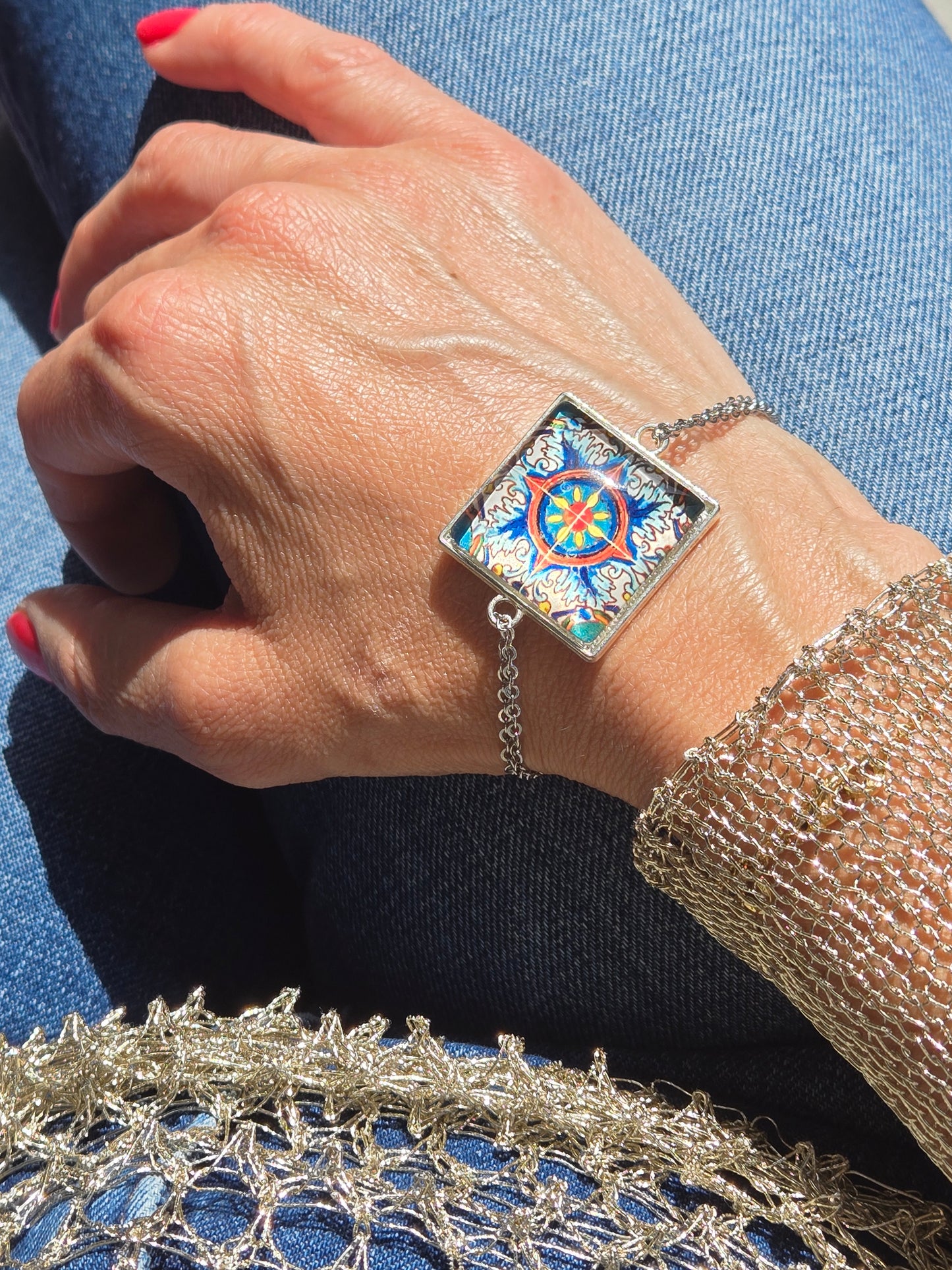 BRACCIALE Motivi Mosaico Arabesco in Vetro e Metallo Inossidabile
