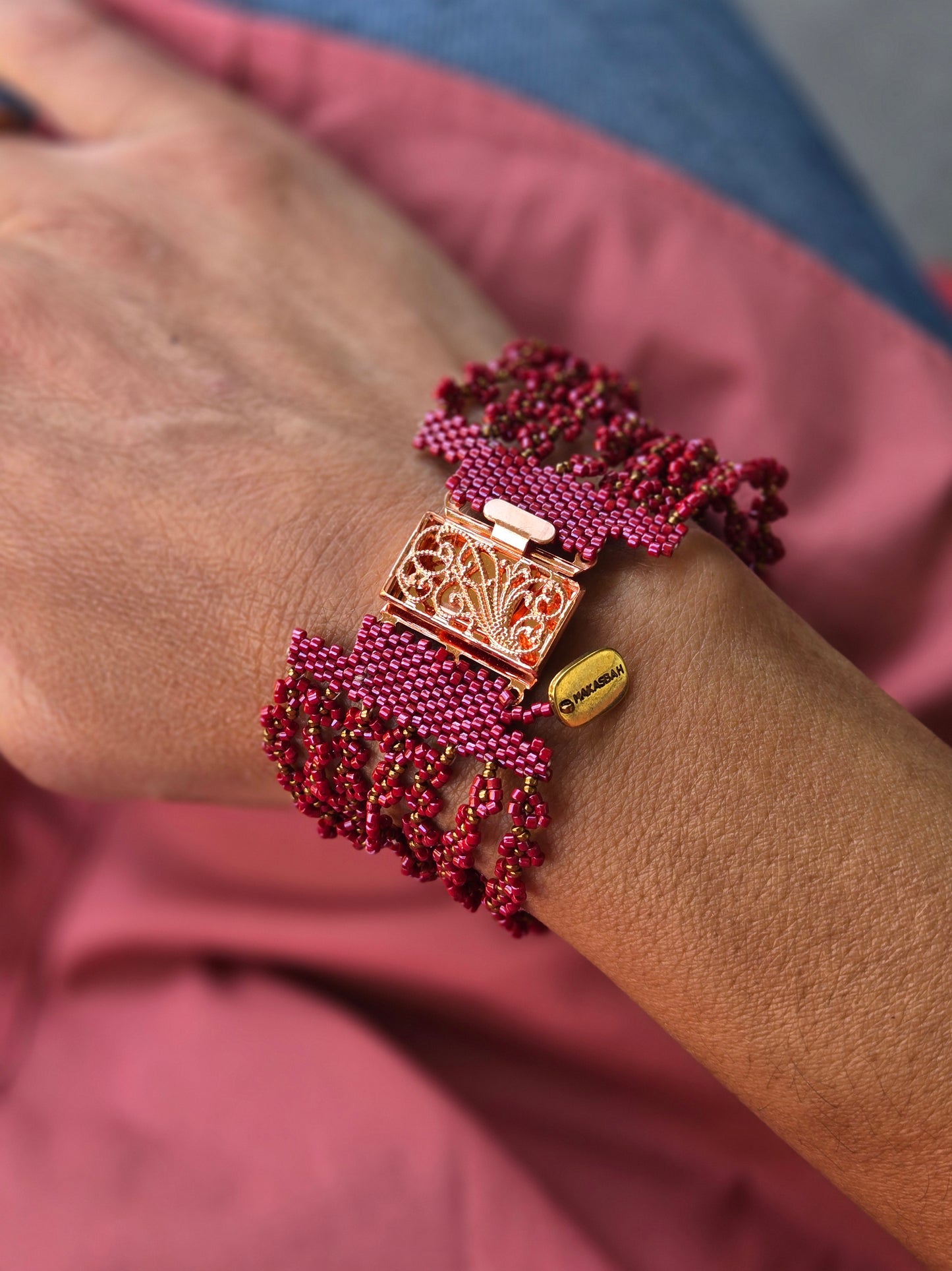 Arabesque leather and pearl bracelet