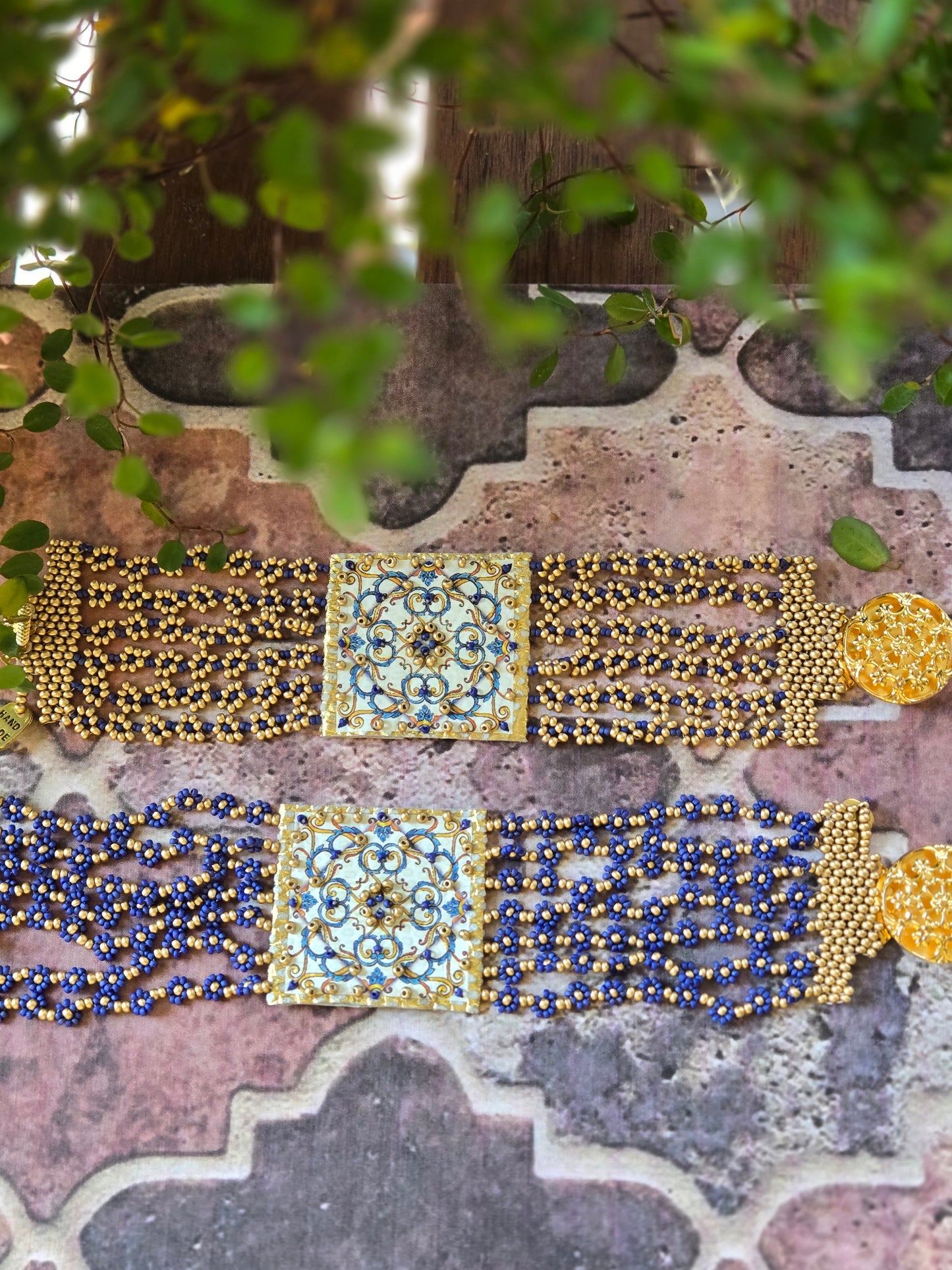 Arabesque leather and pearl bracelet