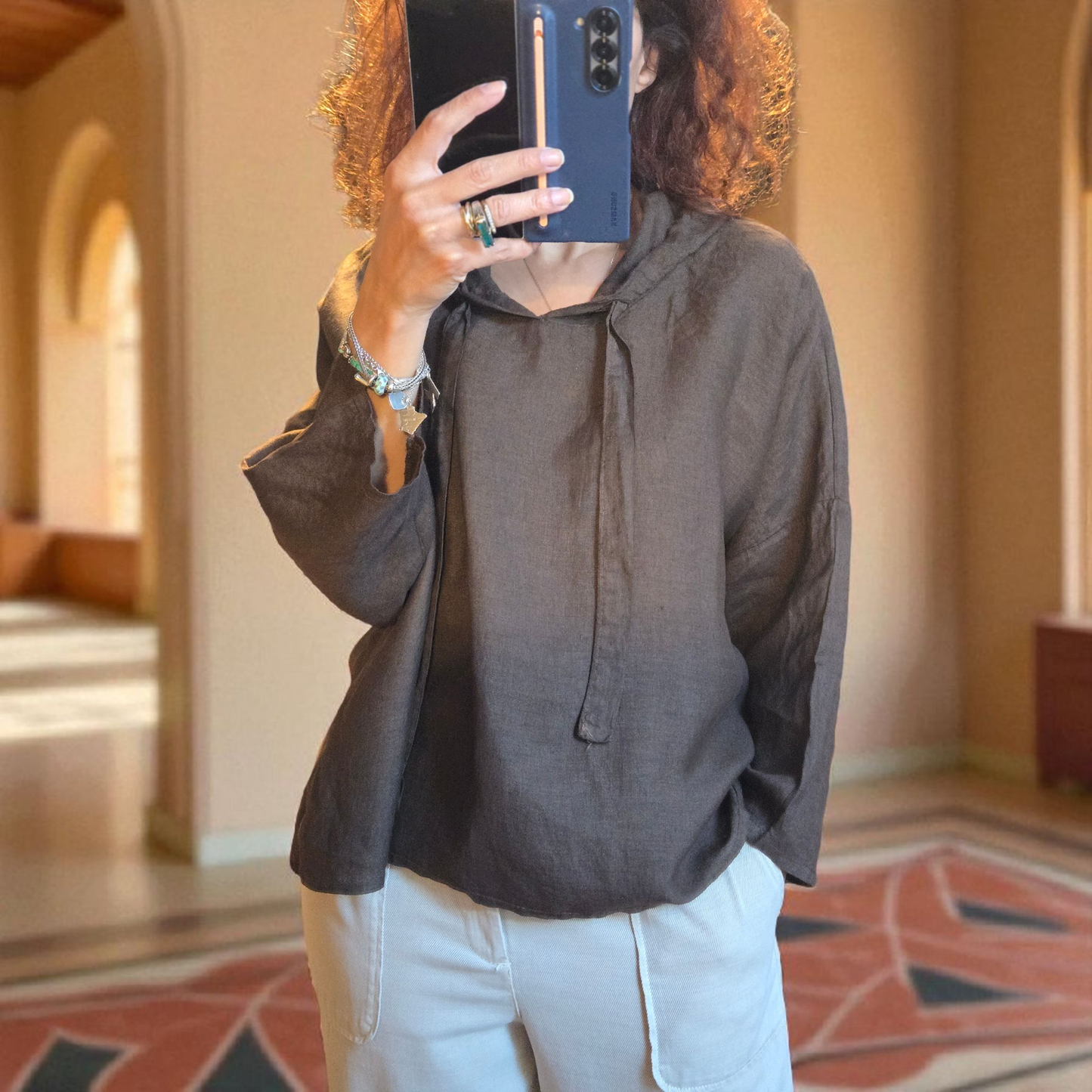 Blusa con Cappuccio in Lin Chiocciola