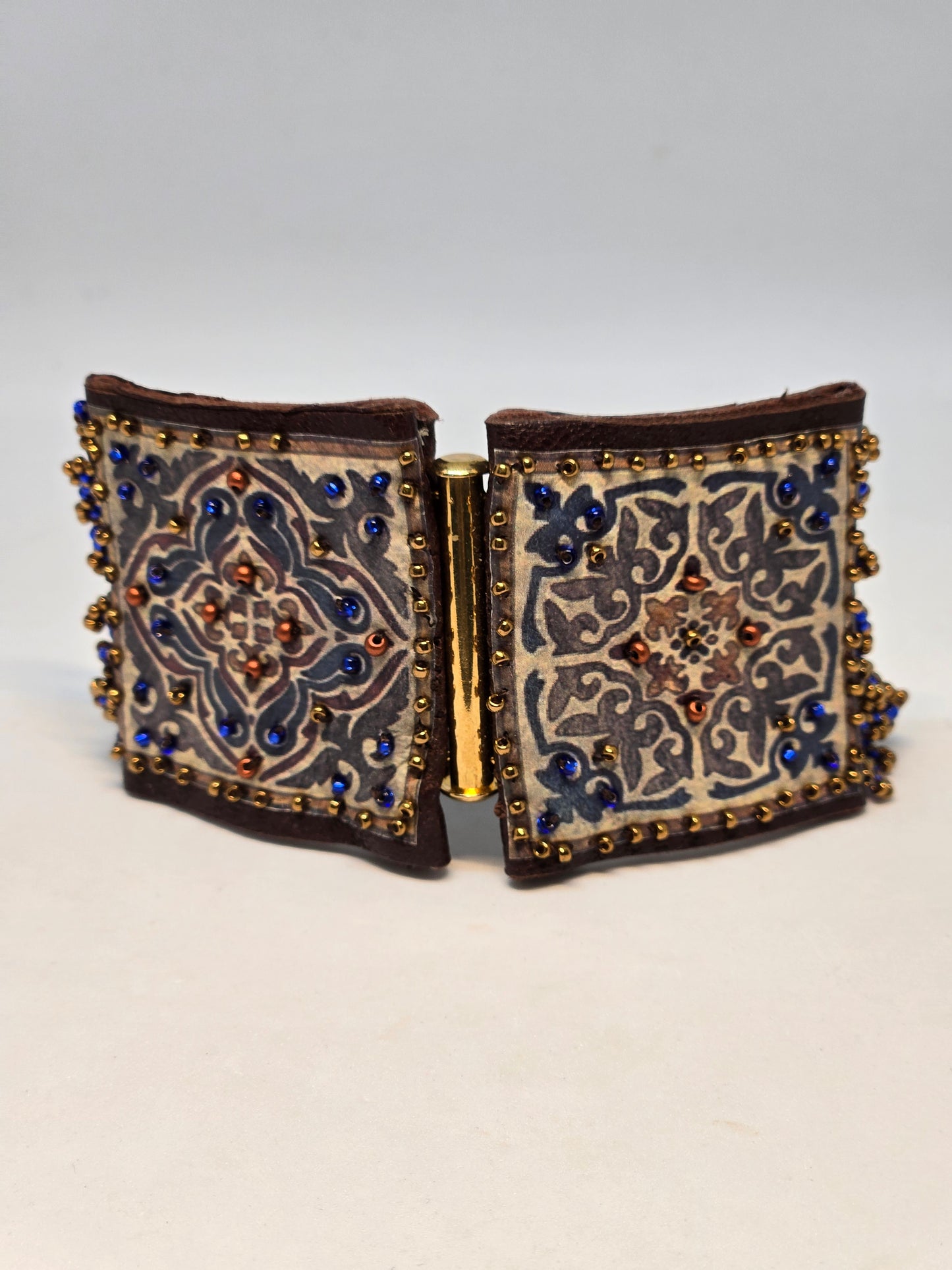 Leather Bracelet with Arabesque Design and Beads