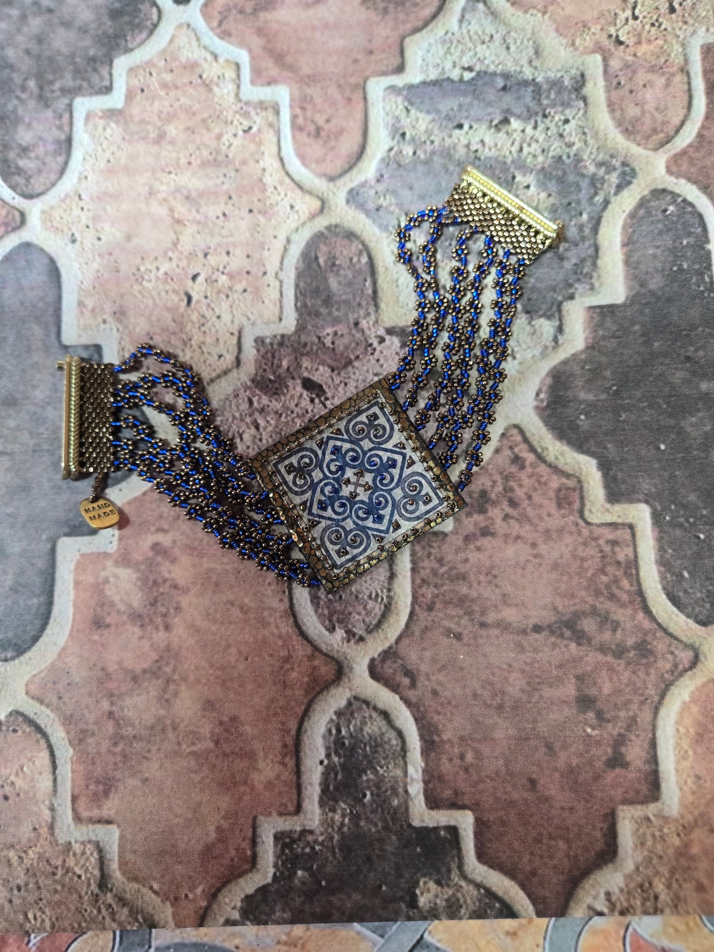 Leather Bracelet with Arabesque Design and Beads