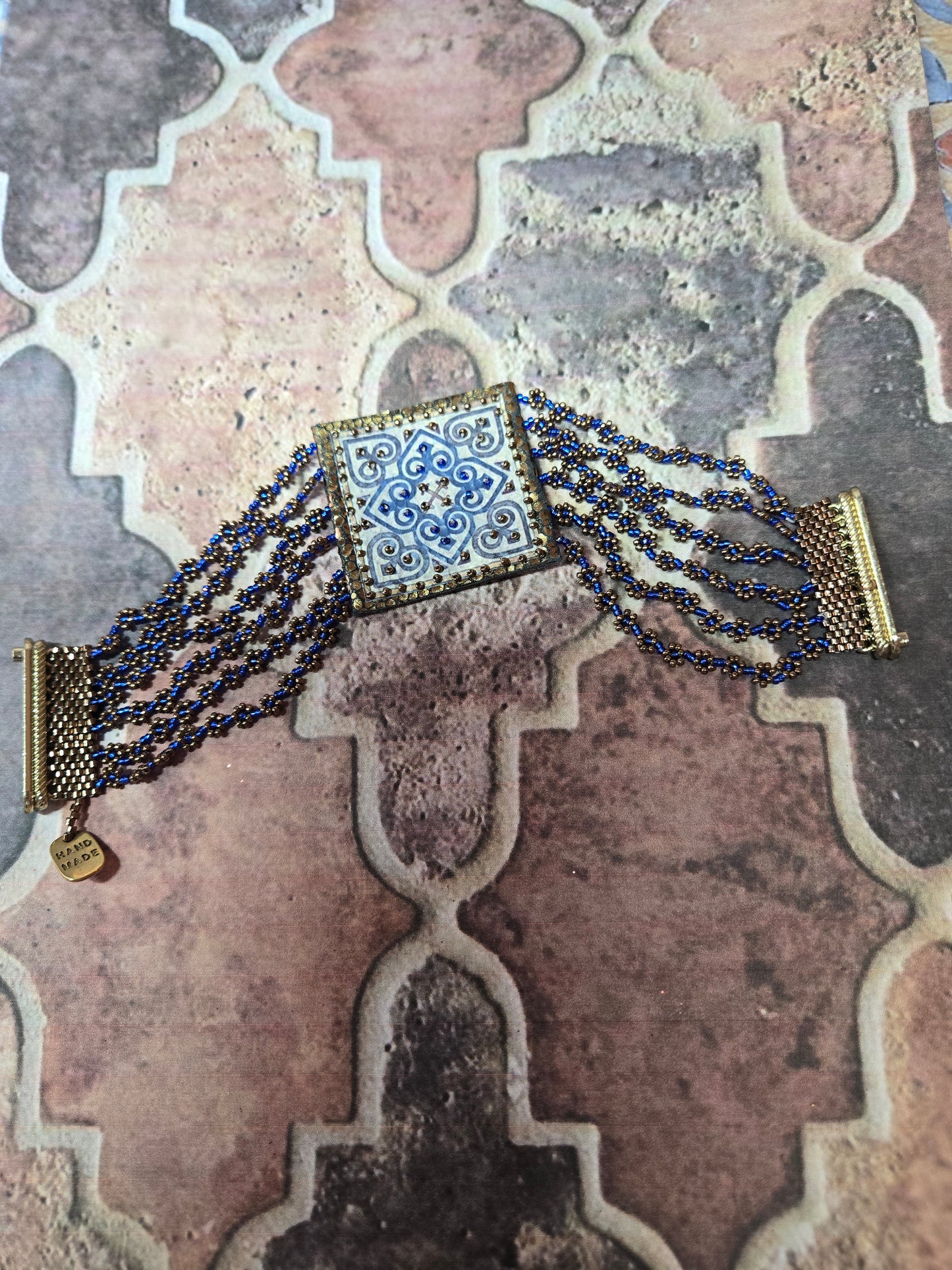 Leather Bracelet with Arabesque Design and Beads