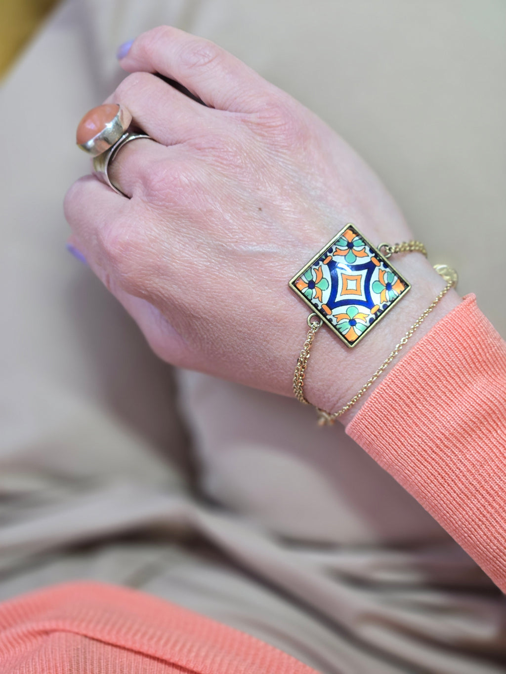 BRACELET with Arabesque Mosaic Motifs in Glass and Stainless Steel