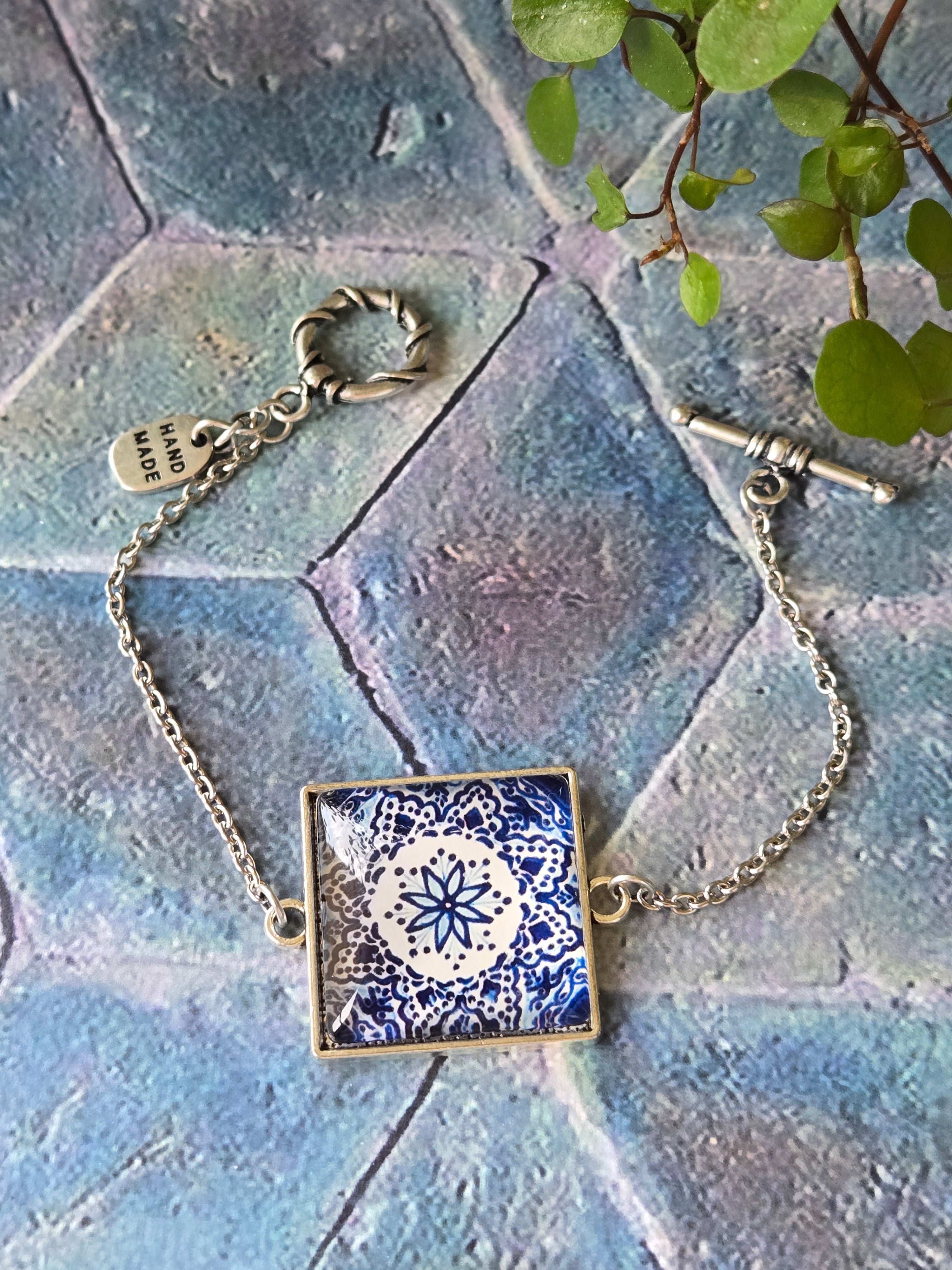 BRACELET with Arabesque Mosaic Motifs in Glass and Stainless Steel