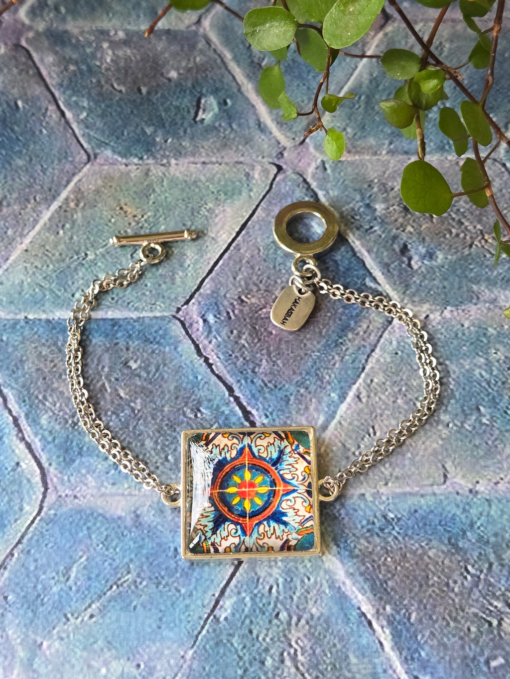 BRACELET with Arabesque Mosaic Motifs in Glass and Stainless Steel