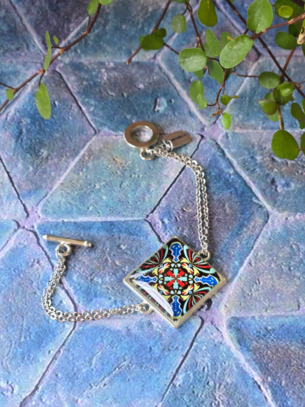 BRACELET with Arabesque Mosaic Motifs in Glass and Stainless Steel