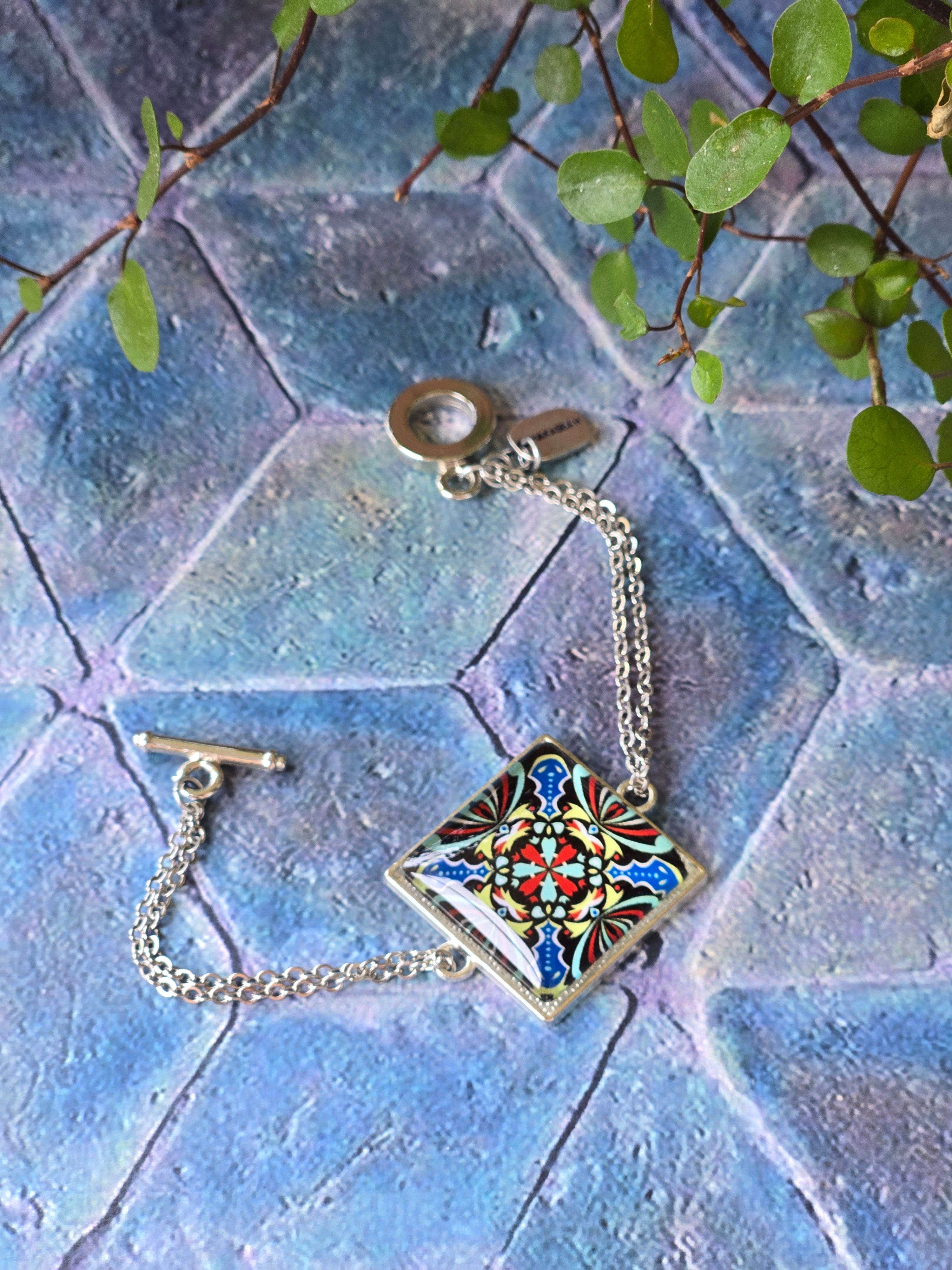 BRACELET with Arabesque Mosaic Motifs in Glass and Stainless Steel