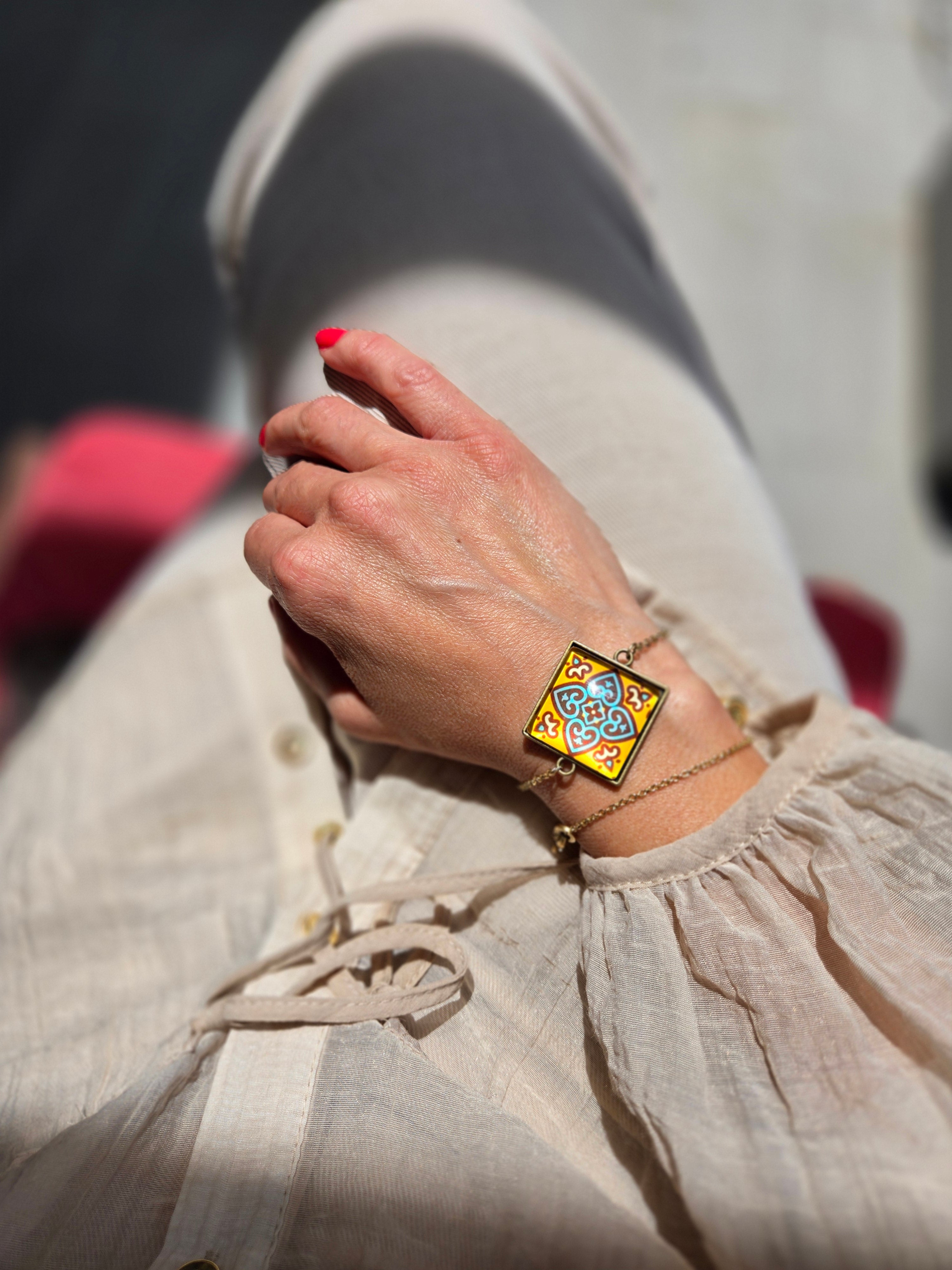 BRACCIALE Motivi Mosaico Arabesco in Vetro e Metallo Inossidabile