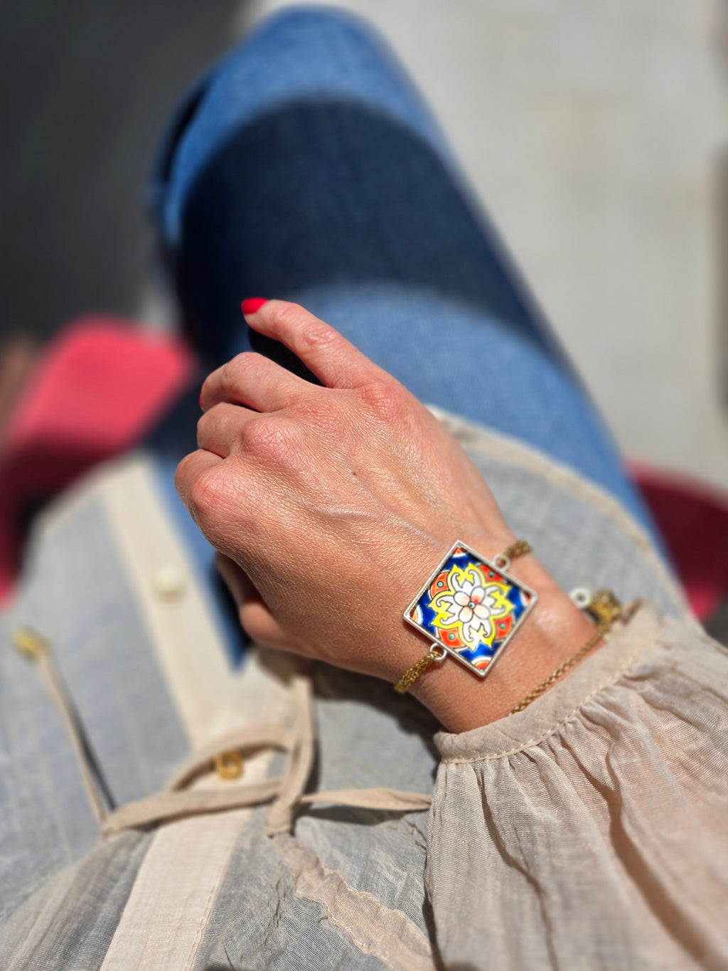 BRACELET with Arabesque Mosaic Motifs in Glass and Stainless Steel