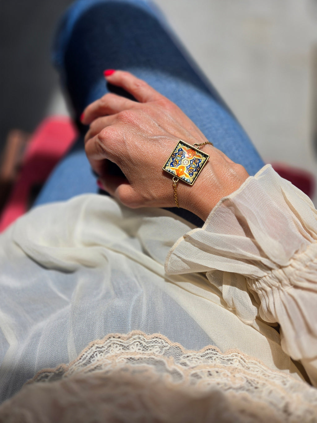 BRACELET with Arabesque Mosaic Motifs in Glass and Stainless Steel