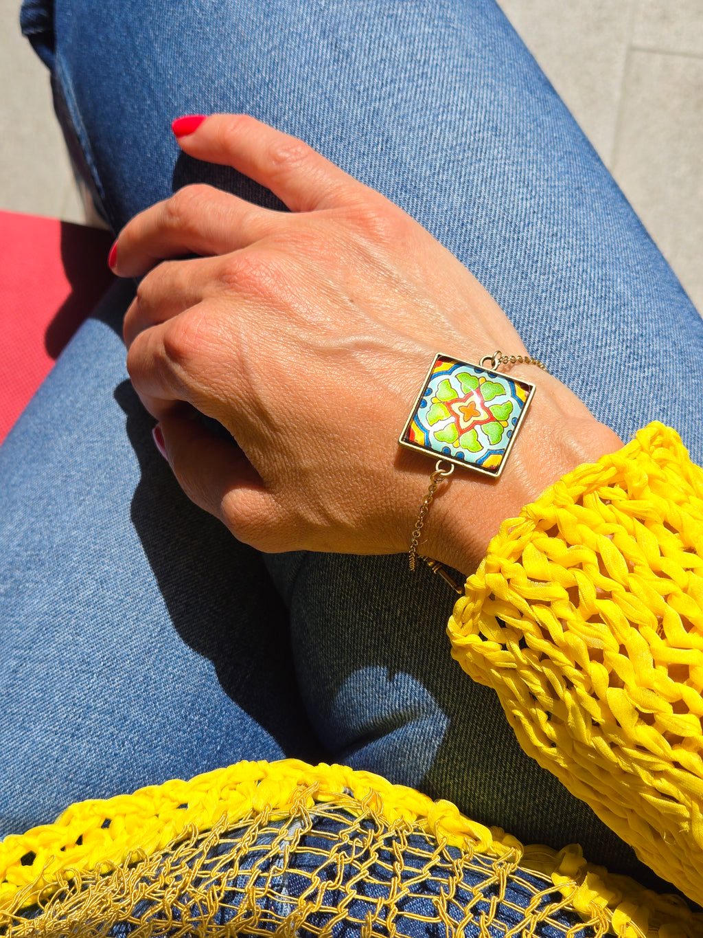 BRACELET with Arabesque Mosaic Motifs in Glass and Stainless Steel