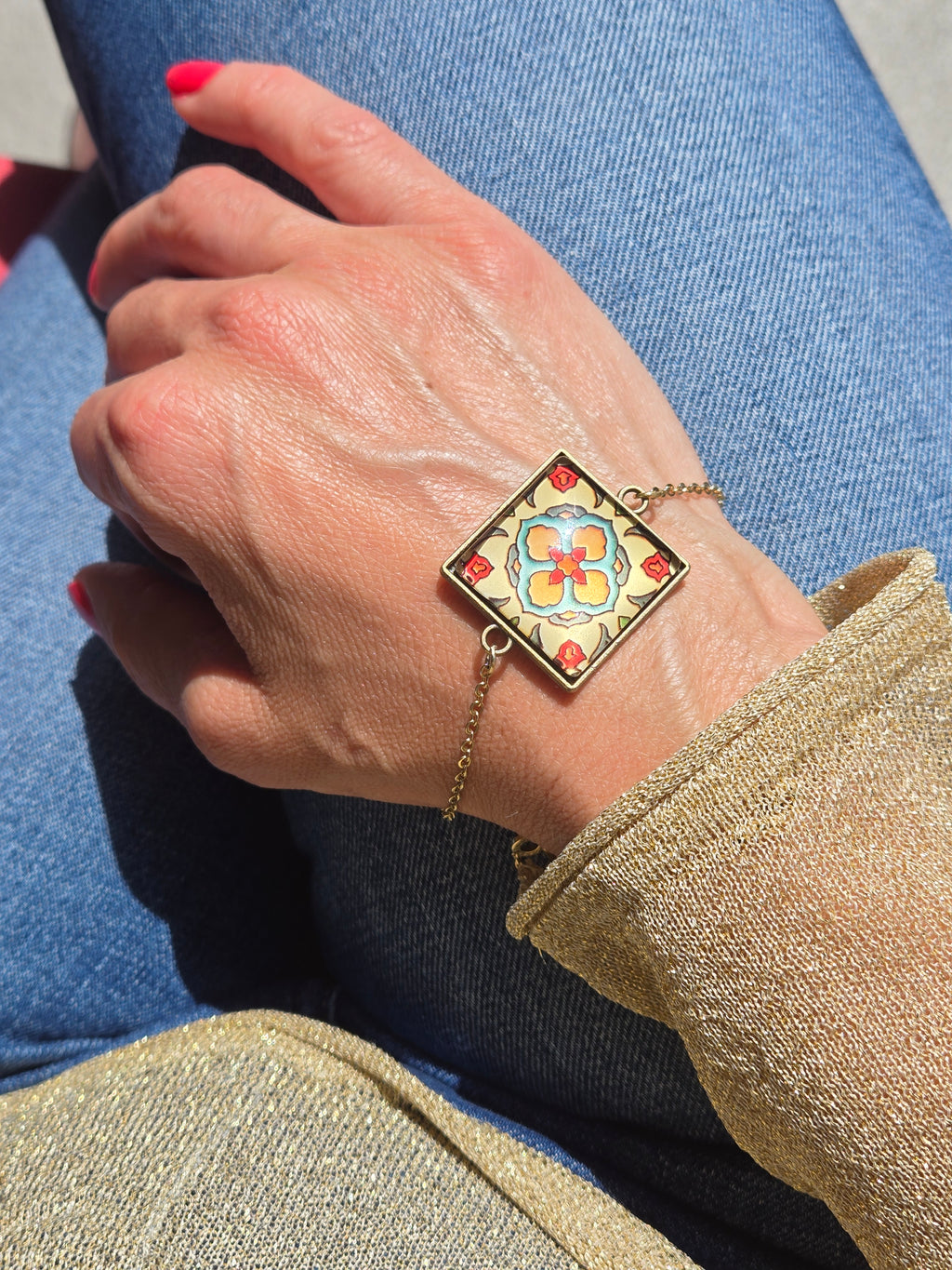 BRACELET with Arabesque Mosaic Motifs in Glass and Stainless Steel