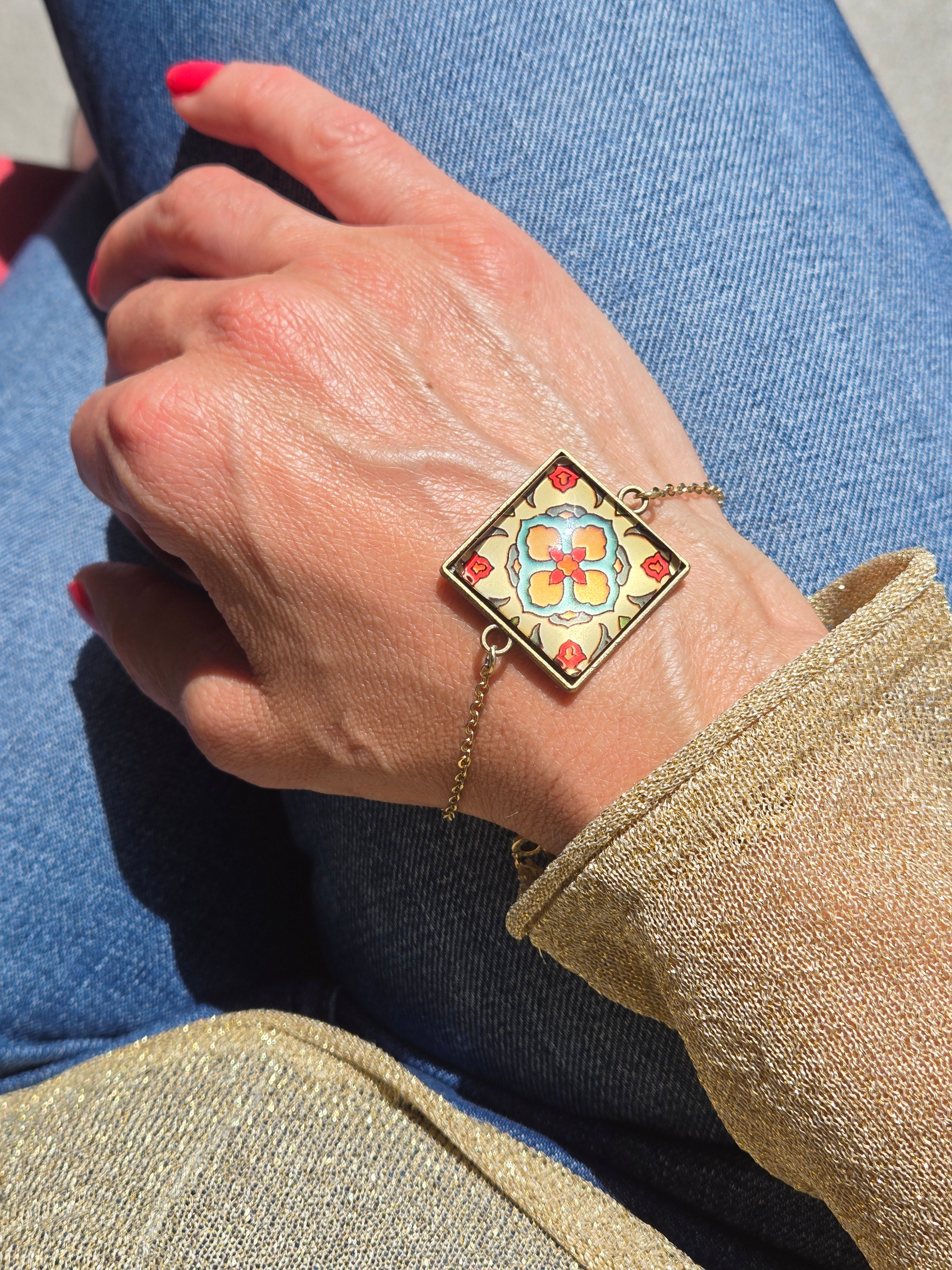 BRACCIALE Motivi Mosaico Arabesco in Vetro e Metallo Inossidabile