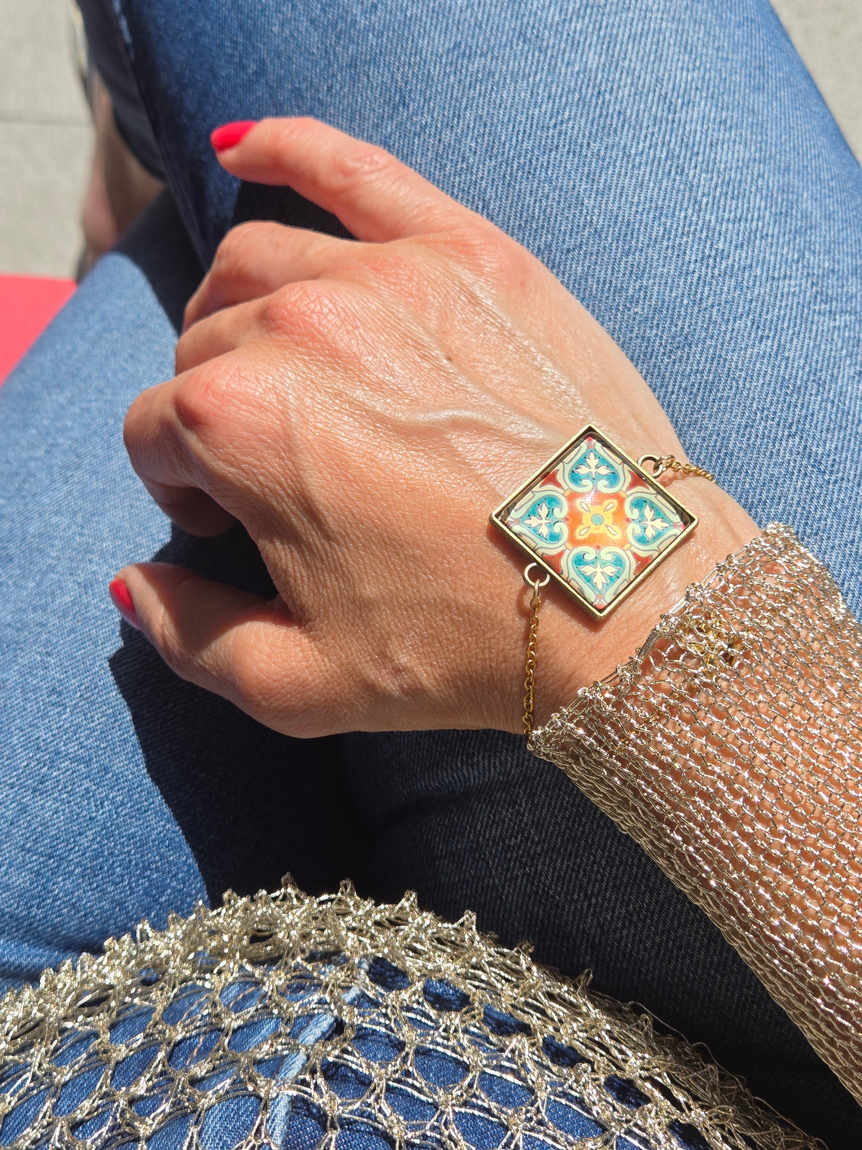 BRACCIALE Motivi Mosaico Arabesco in Vetro e Metallo Inossidabile