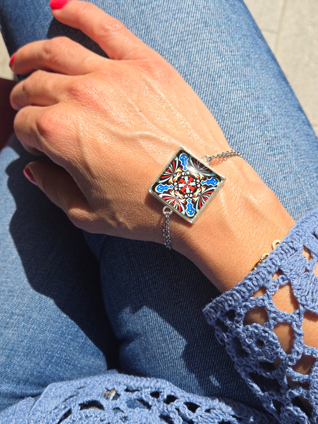 BRACELET with Arabesque Mosaic Motifs in Glass and Stainless Steel