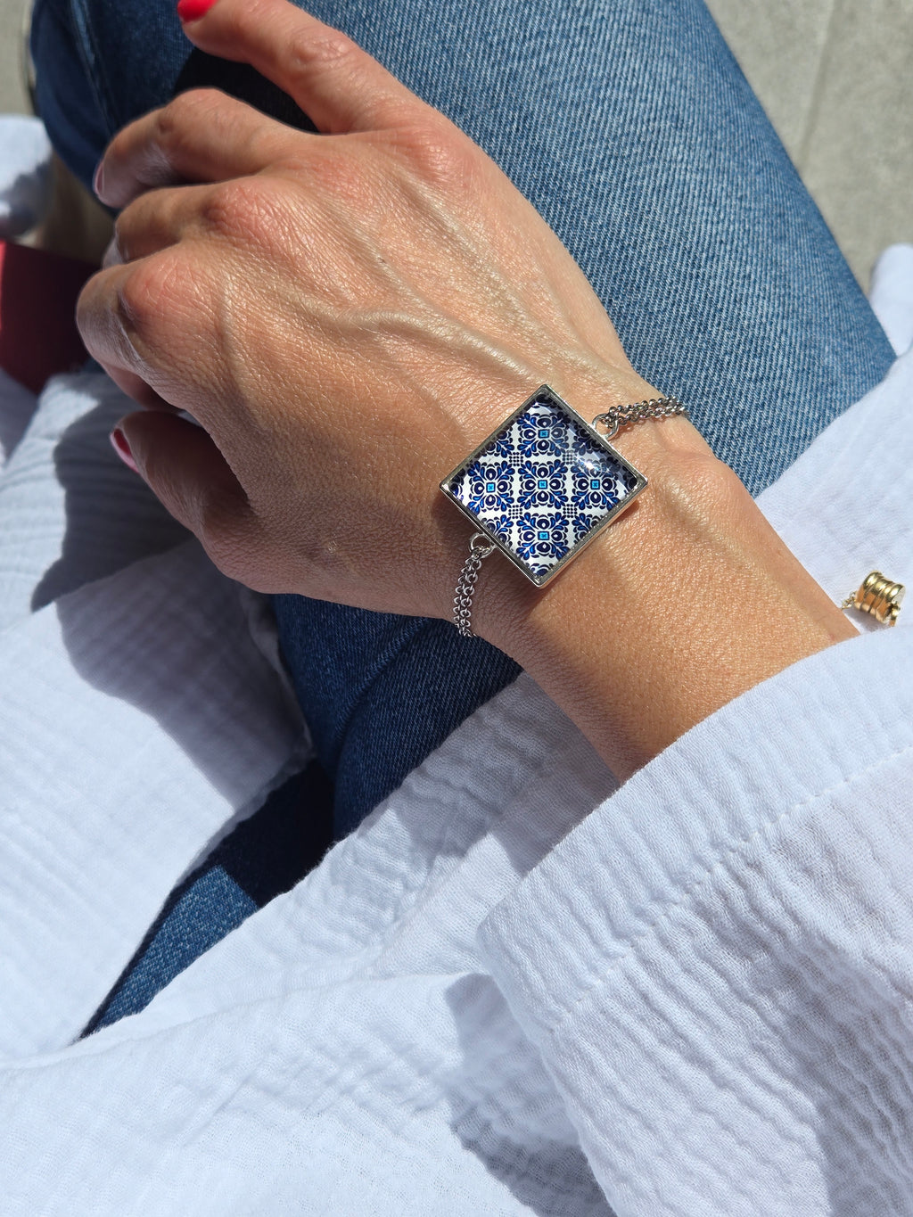 BRACELET with Arabesque Mosaic Motifs in Glass and Stainless Steel