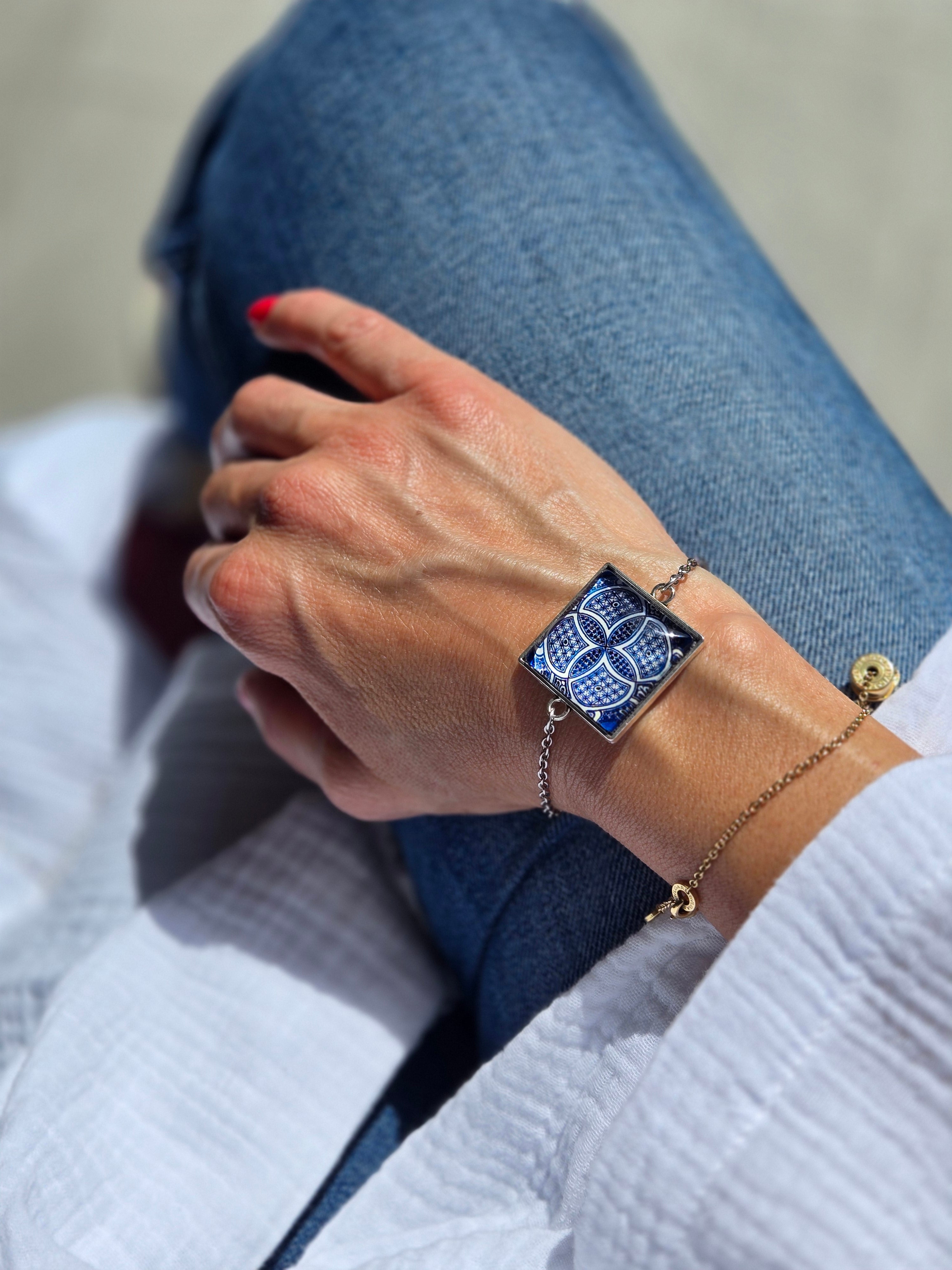 BRACCIALE Motivi Mosaico Arabesco in Vetro e Metallo Inossidabile