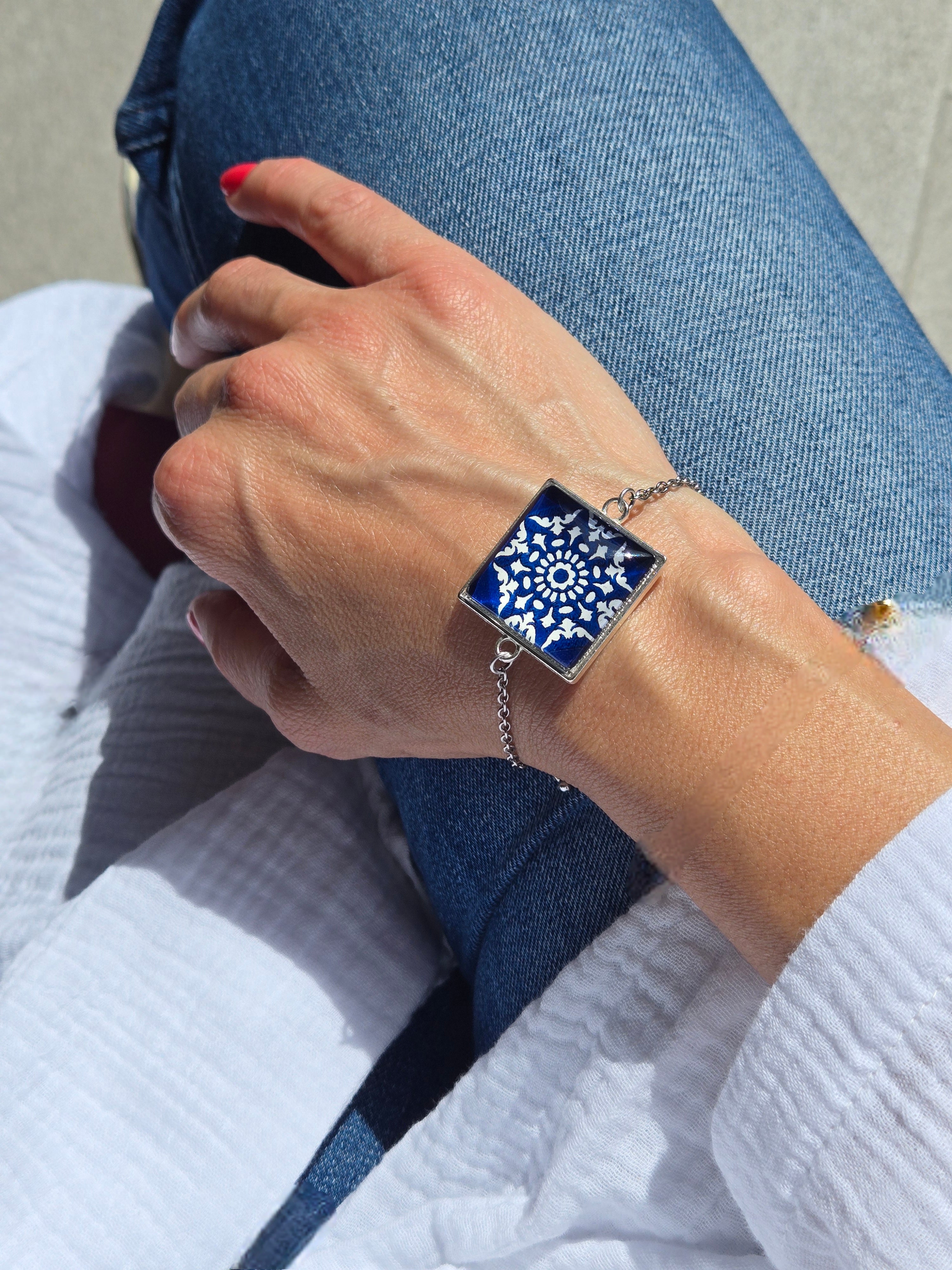 BRACCIALE Motivi Mosaico Arabesco in Vetro e Metallo Inossidabile