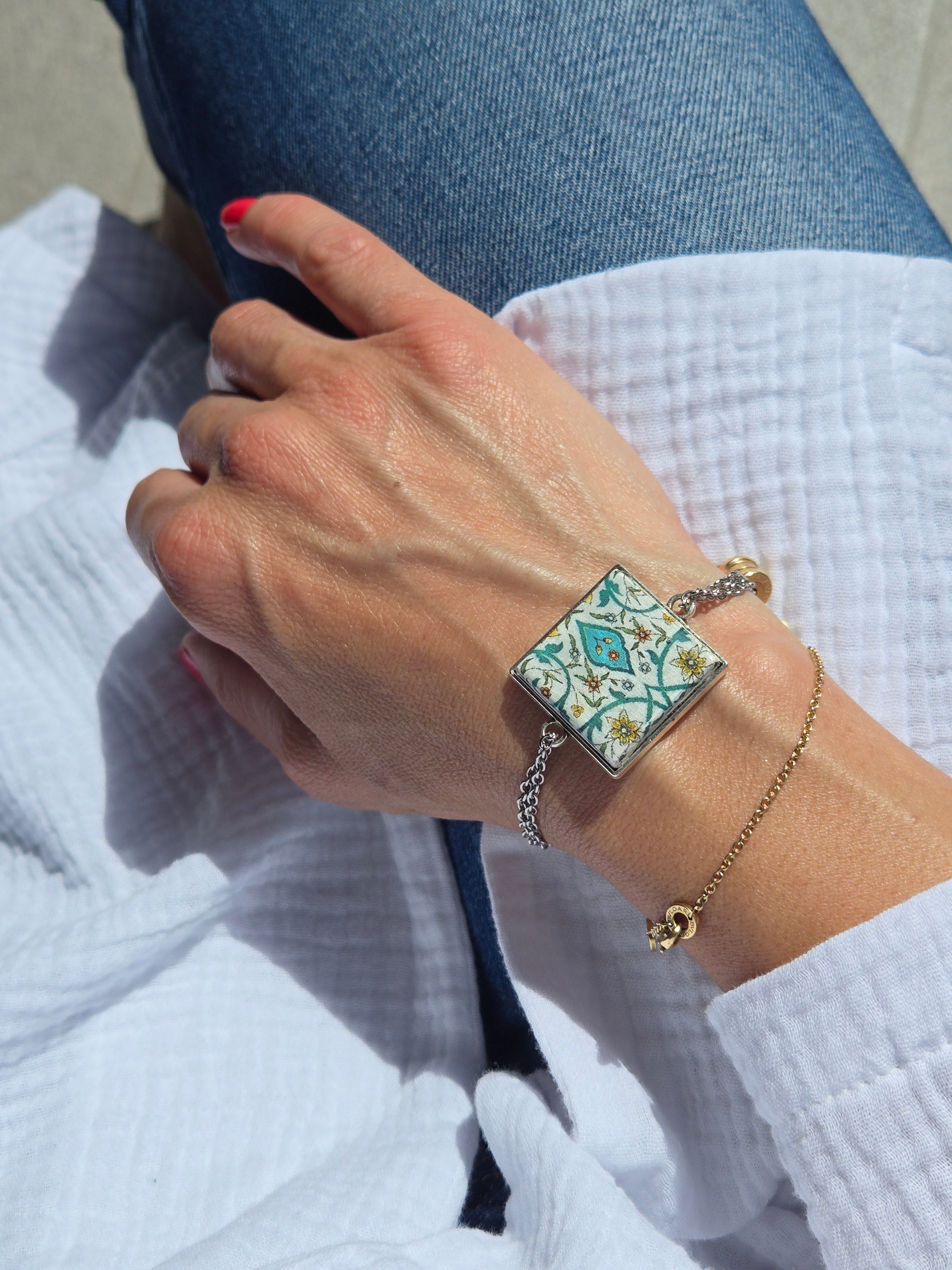 BRACCIALE Motivi Mosaico Arabesco in Vetro e Metallo Inossidabile