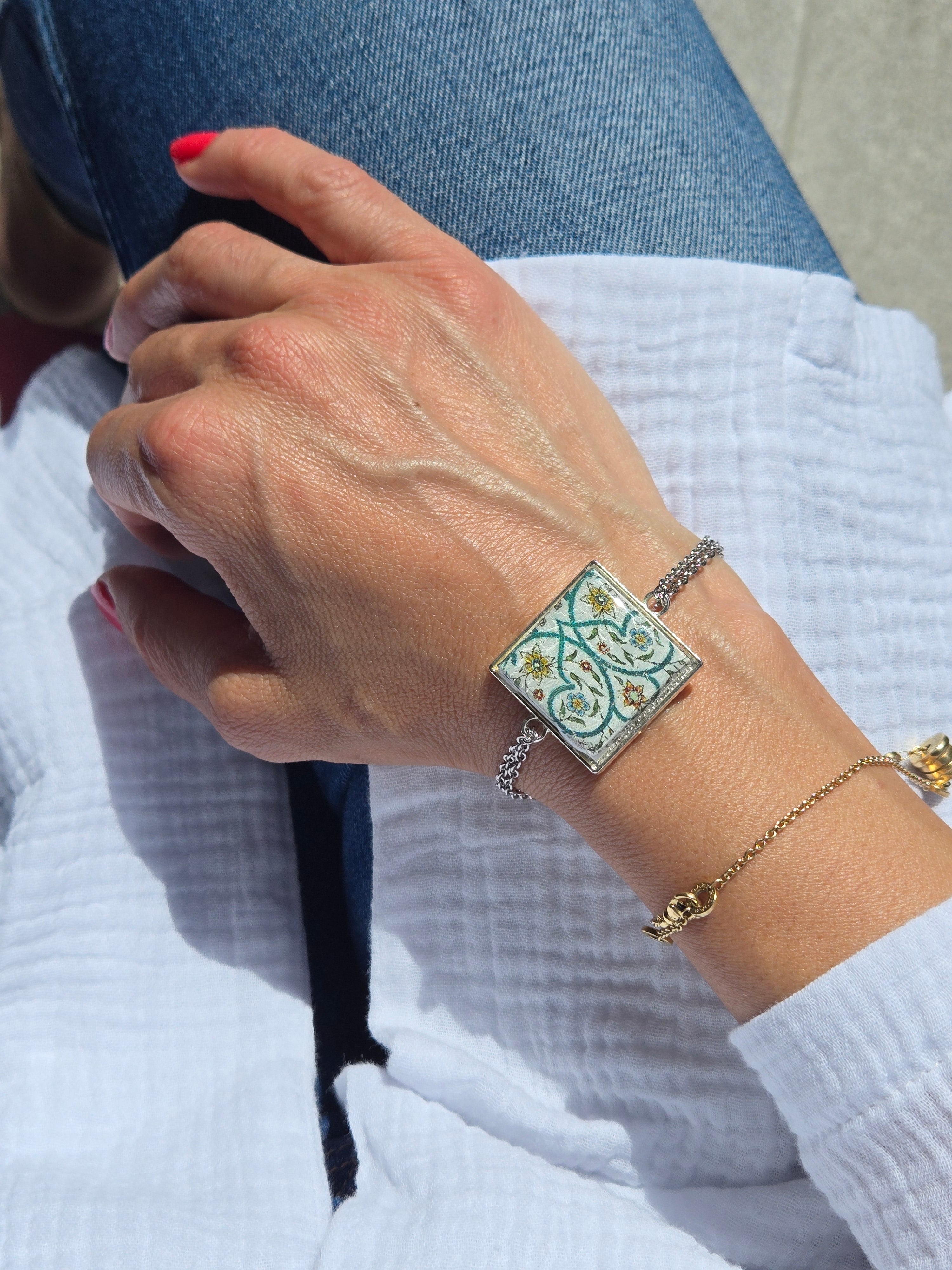 BRACCIALE Motivi Mosaico Arabesco in Vetro e Metallo Inossidabile