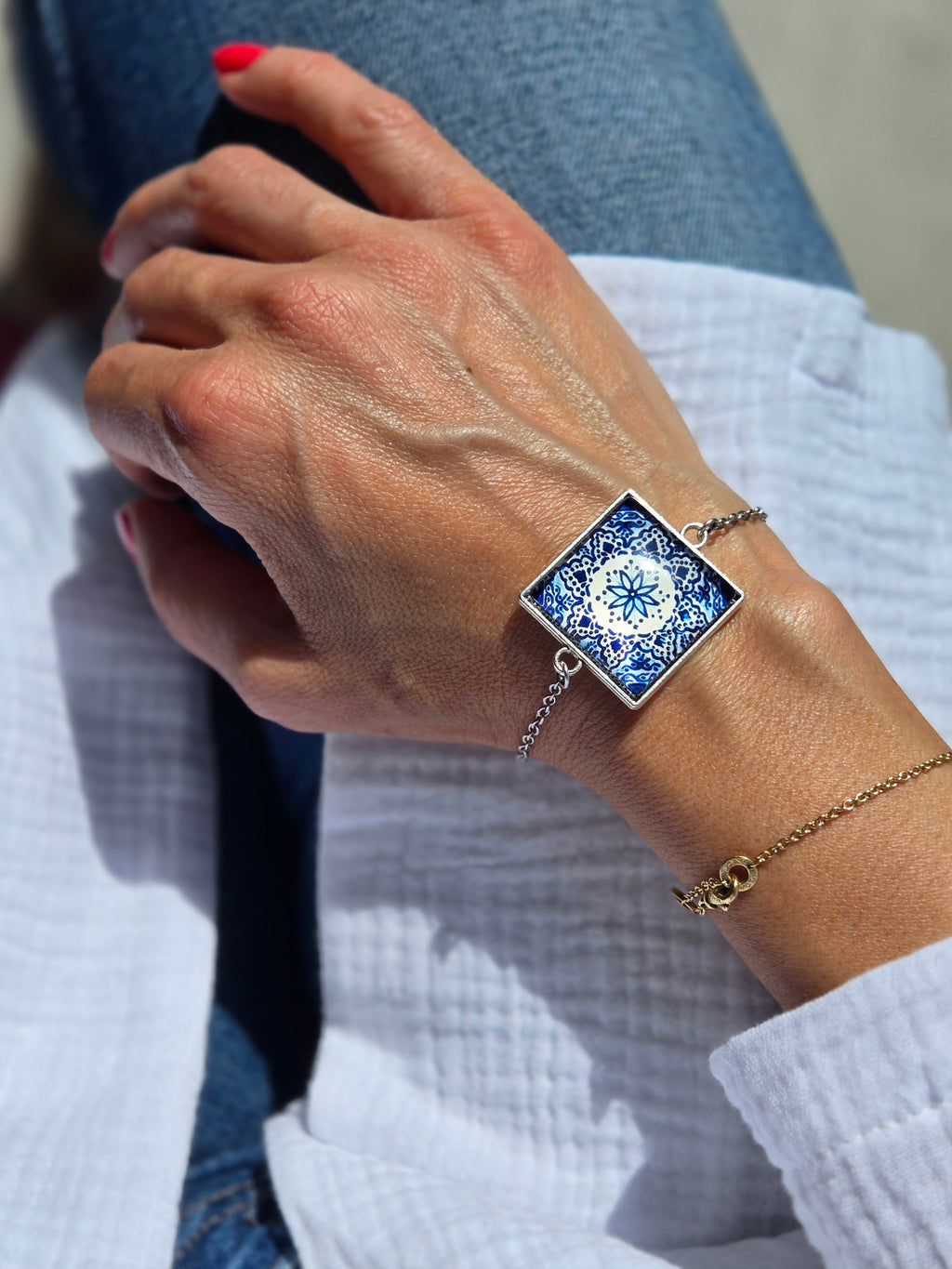 BRACELET with Arabesque Mosaic Motifs in Glass and Stainless Steel