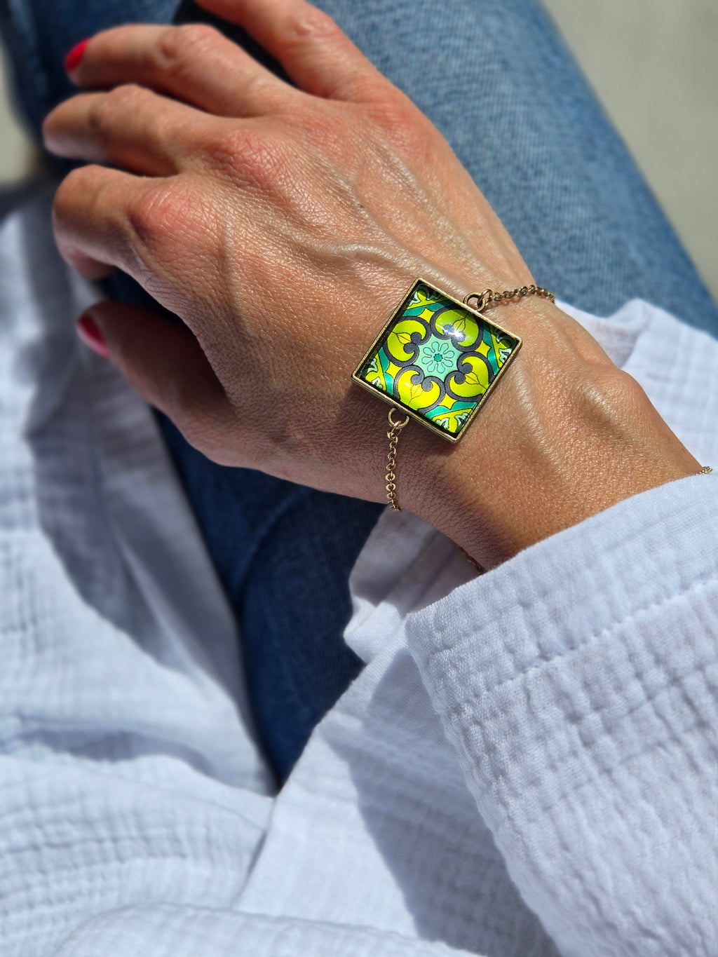 BRACELET with Arabesque Mosaic Motifs in Glass and Stainless Steel