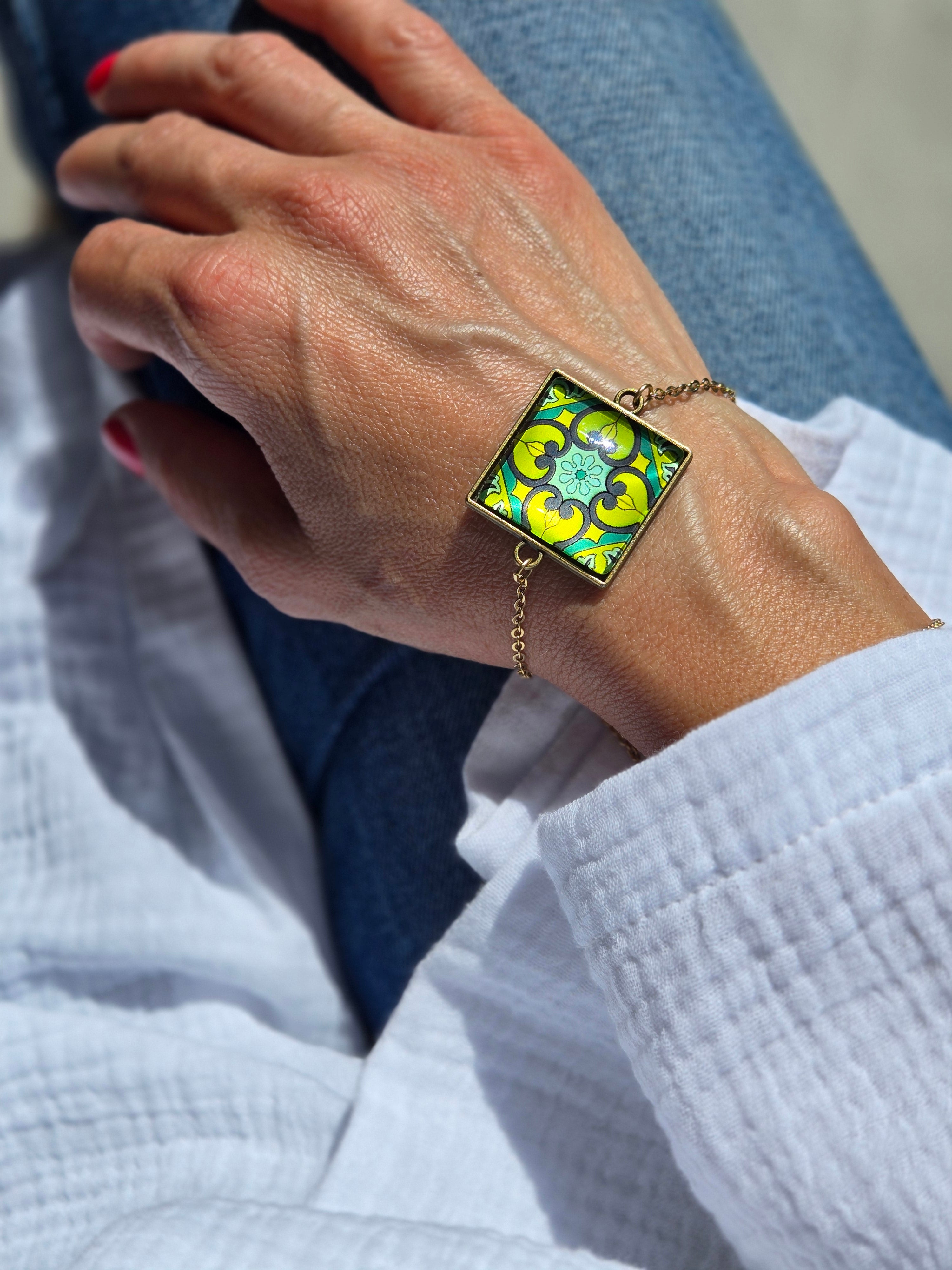 BRACCIALE Motivi Mosaico Arabesco in Vetro e Metallo Inossidabile