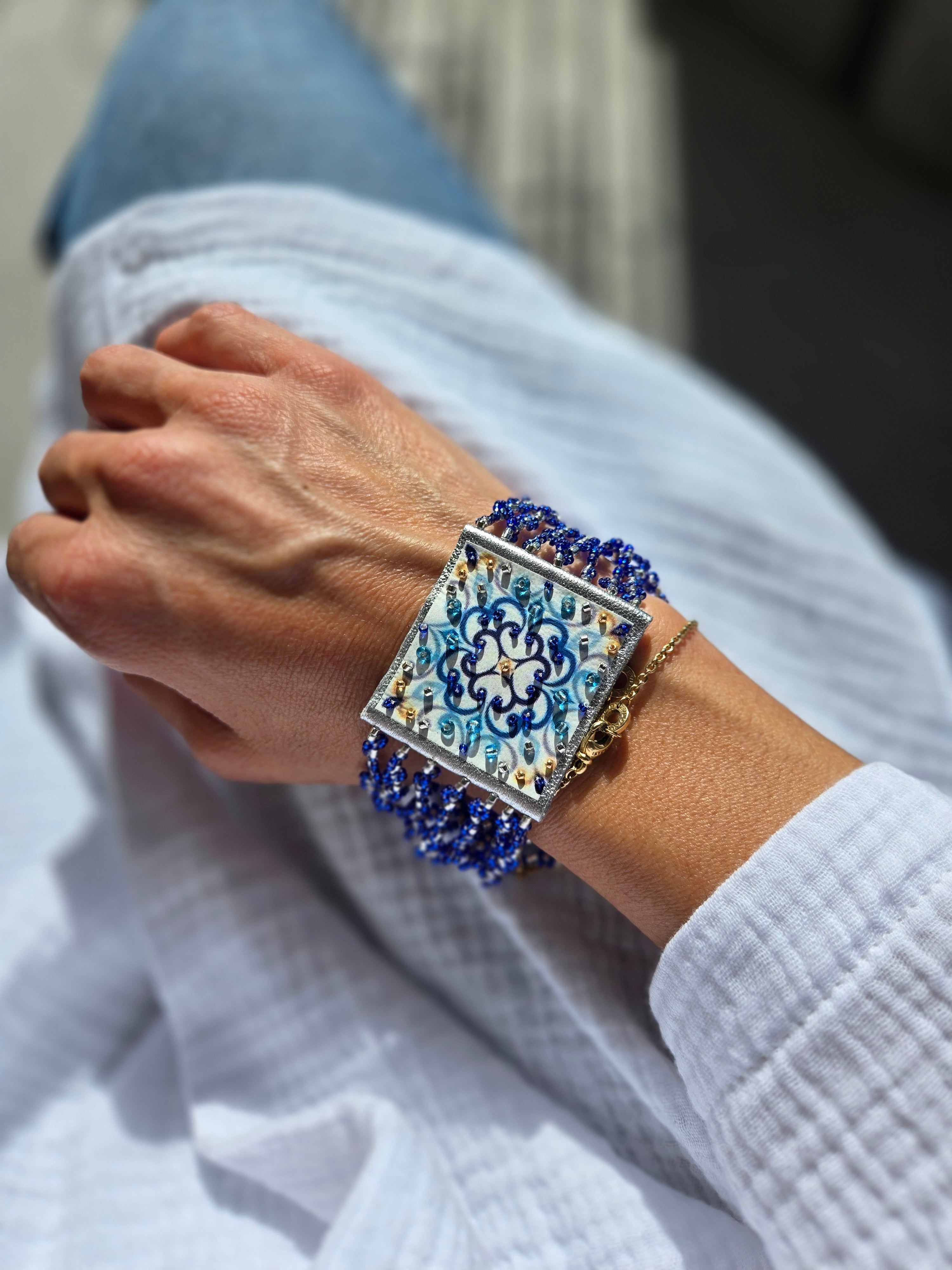 BRACCIALE Arabesque in pelle e perline di Murano e Miyuki