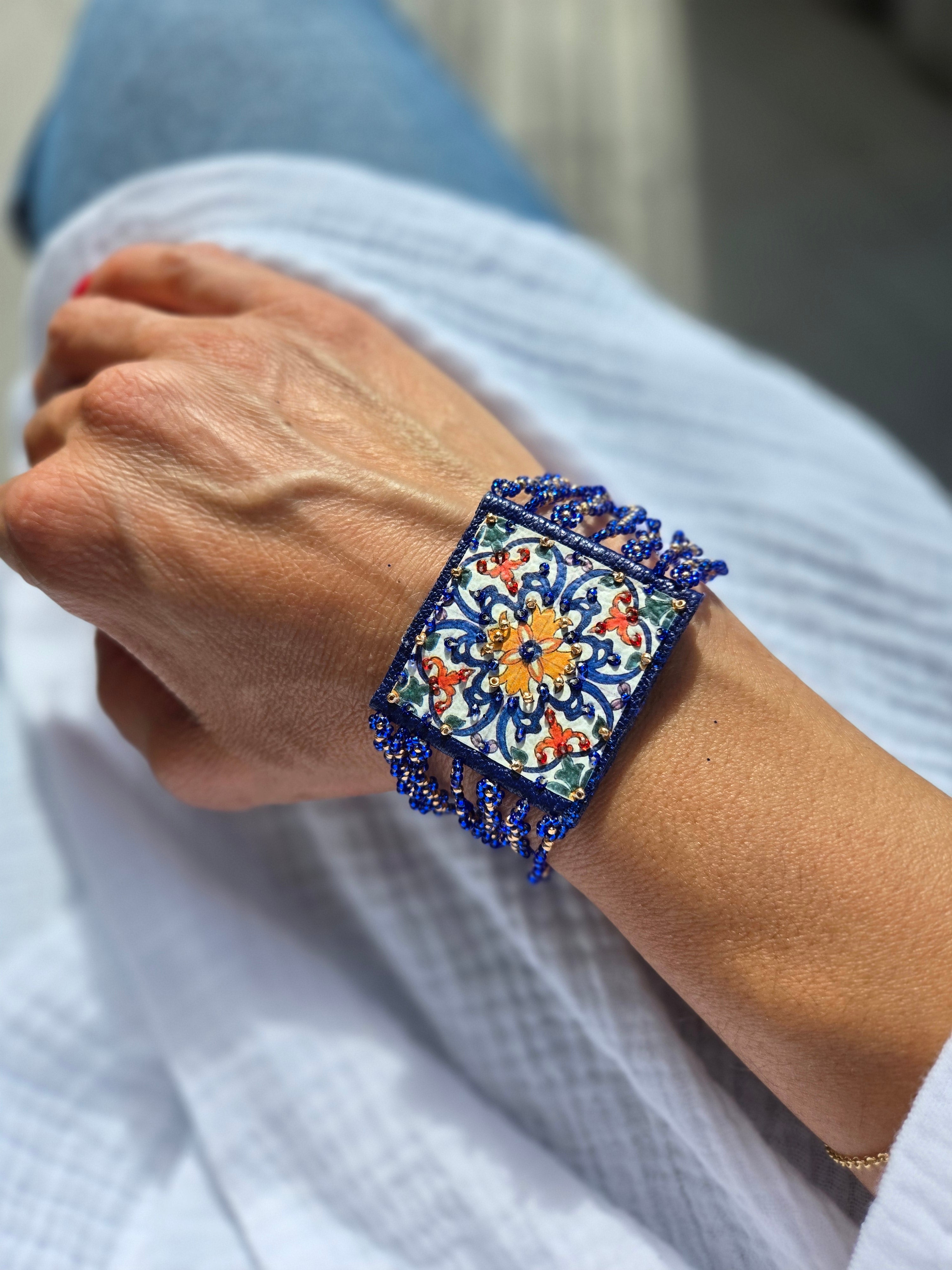 BRACCIALE Arabesque in pelle e perline di Murano e Miyuki