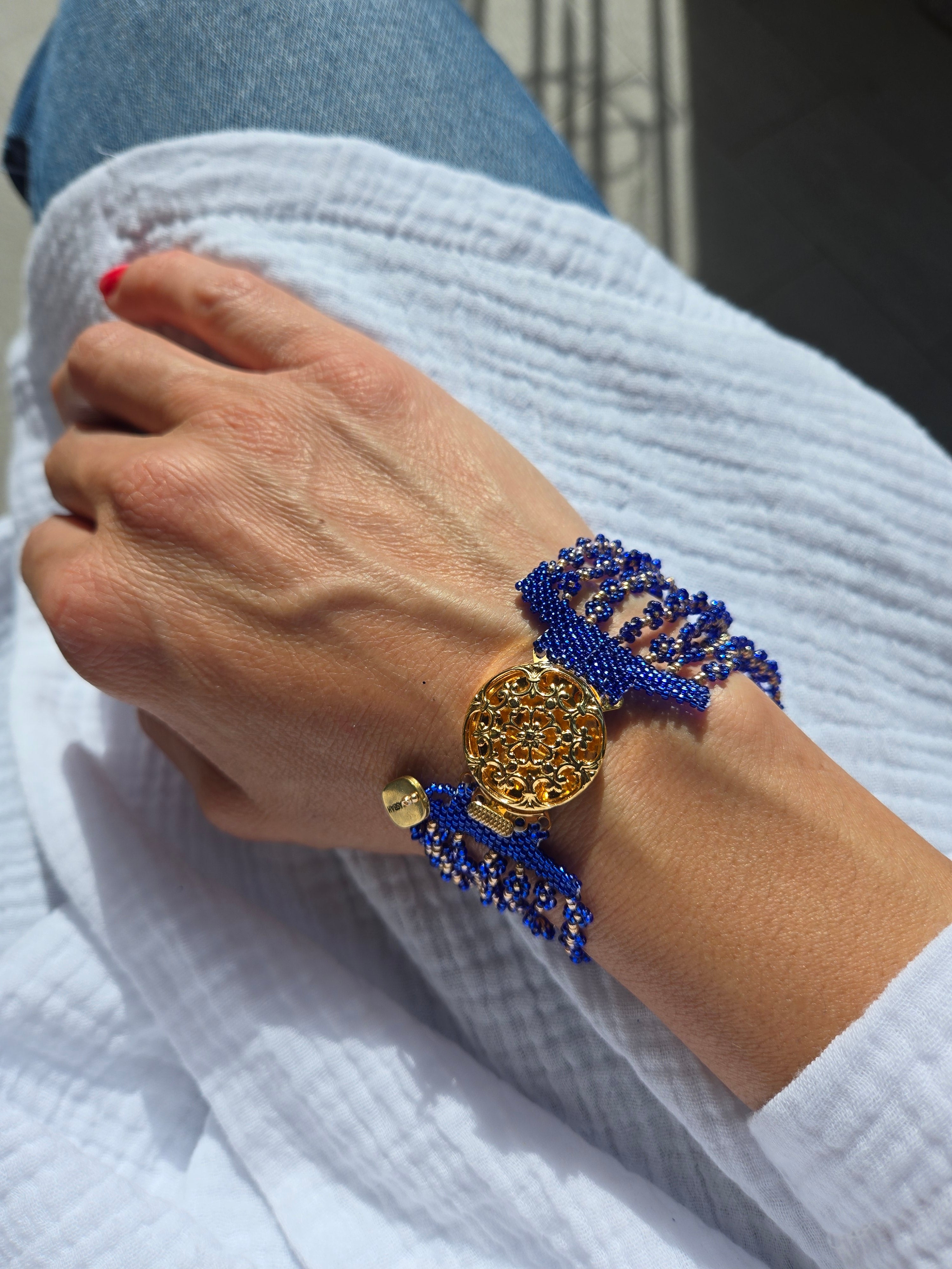 BRACCIALE Arabesque in pelle e perline di Murano e Miyuki