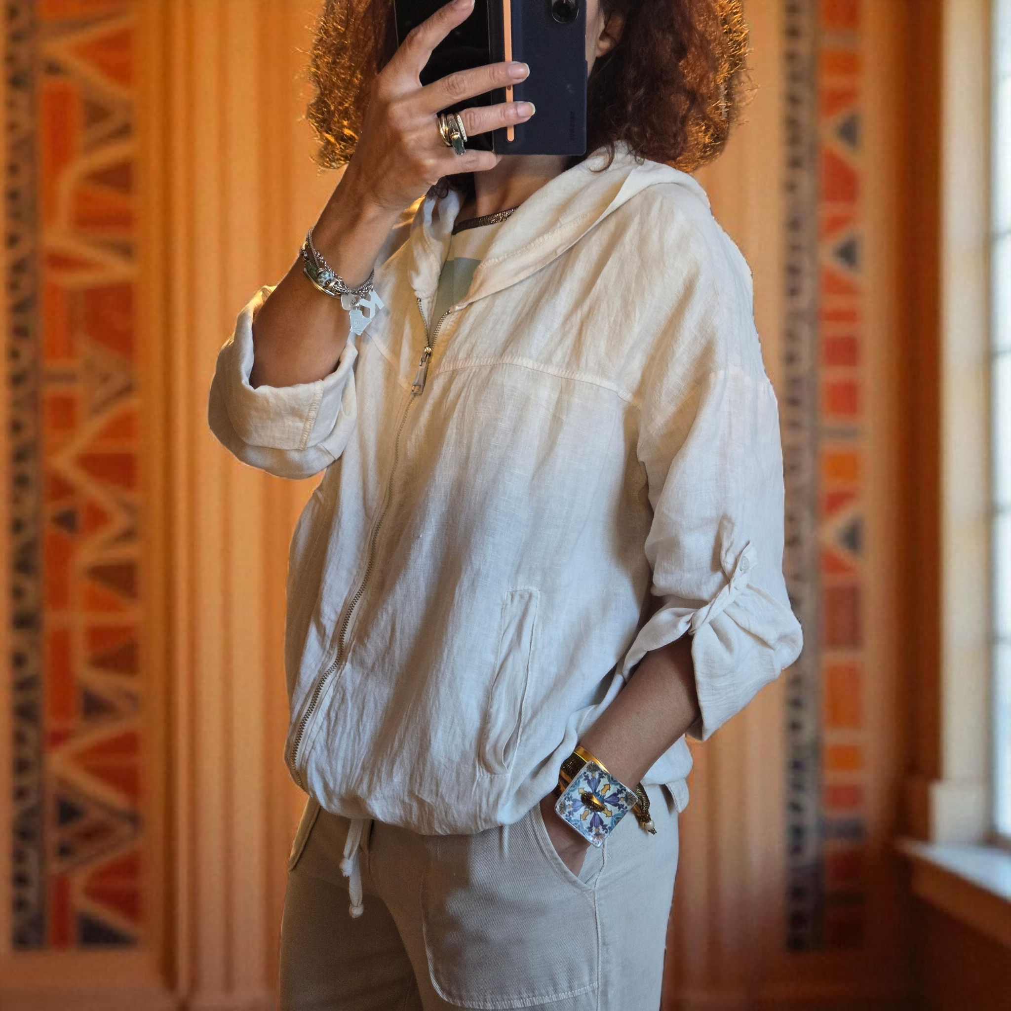 Giacca in Lino Beige, Taglia Unica