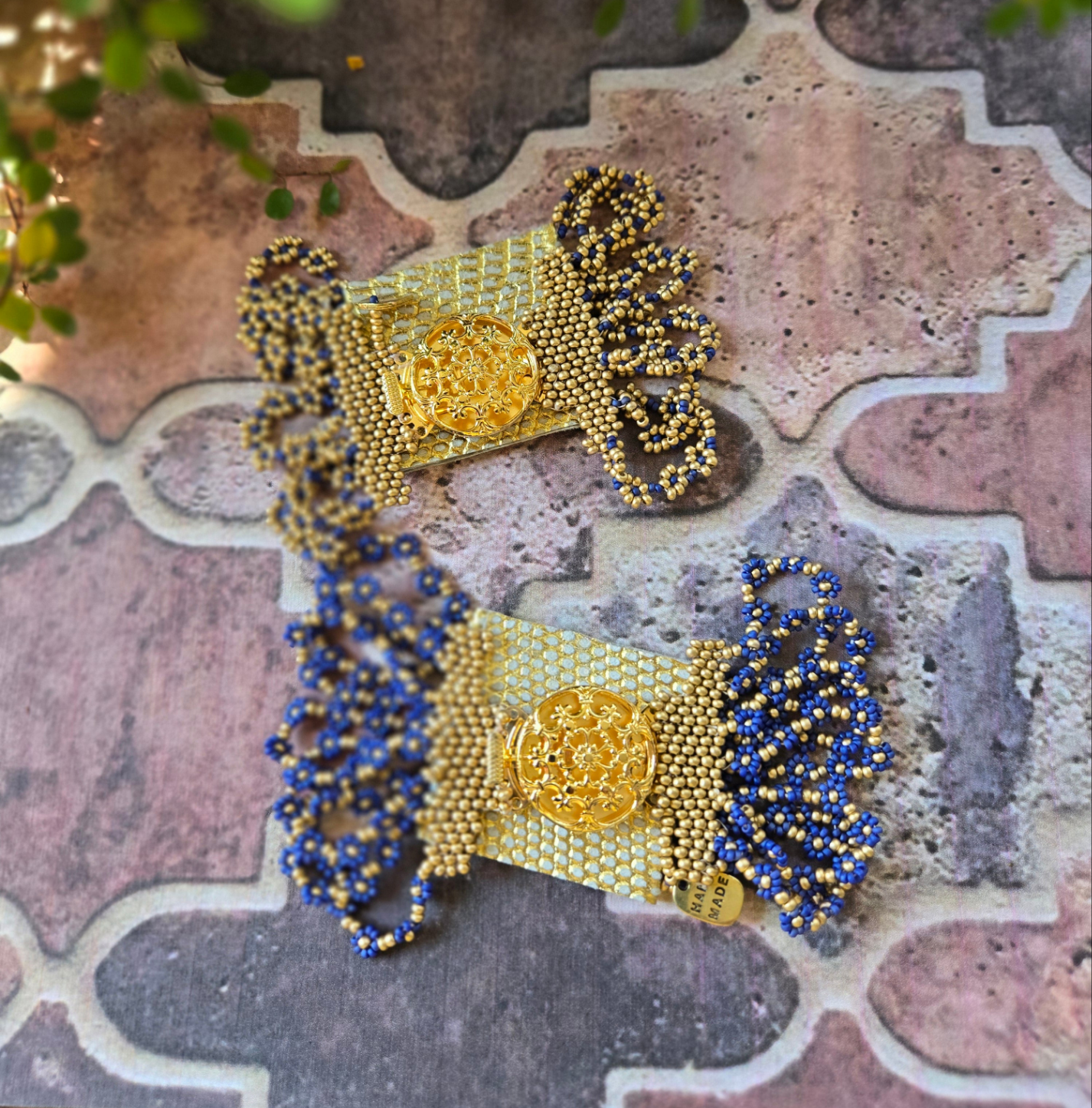 Arabesque leather and pearl bracelet