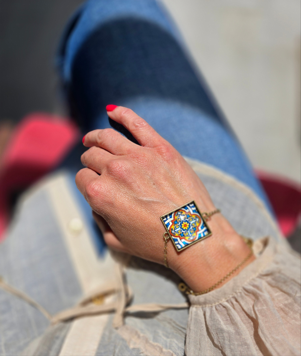 BRACELET with Arabesque Mosaic Motifs in Glass and Stainless Steel