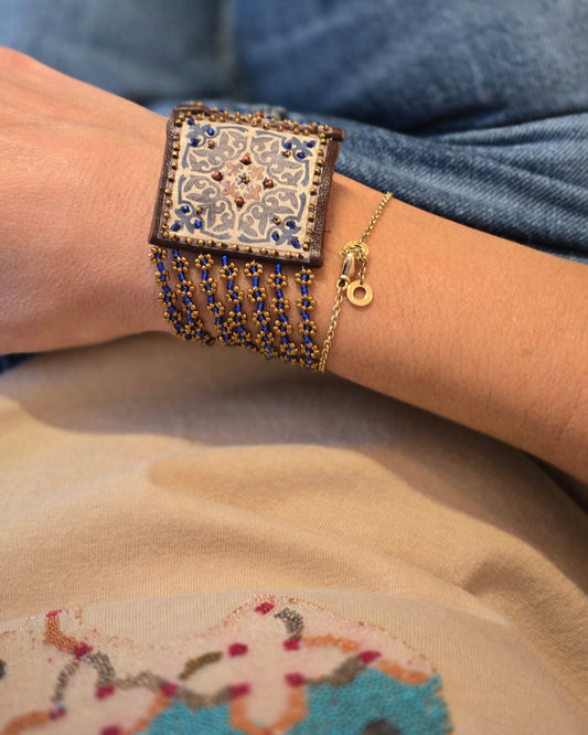 Leather Bracelet with Arabesque Design and Beads