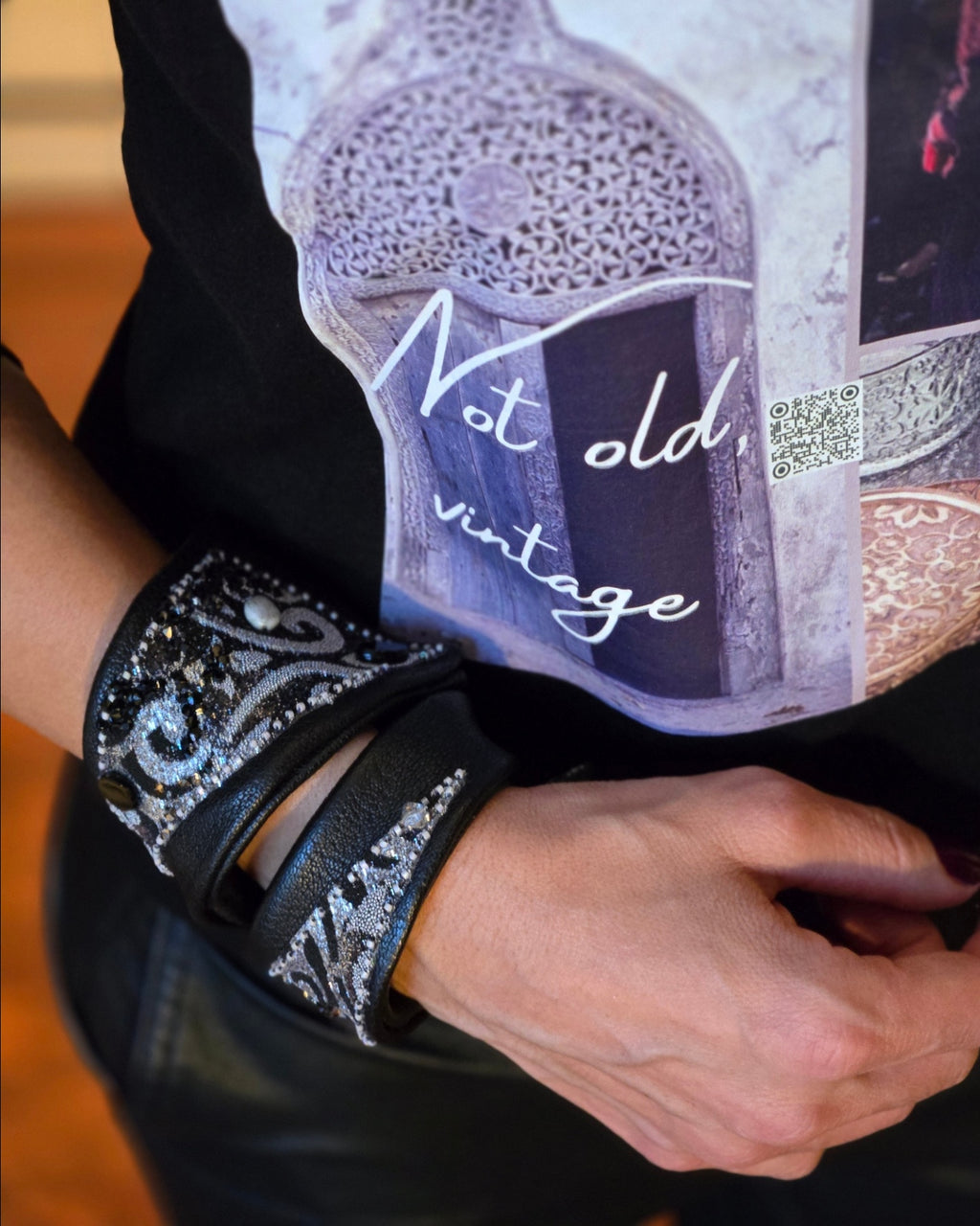 Handmade Black Leather Bracelet with Beads