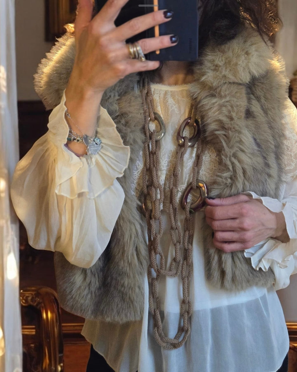 Camel Wool Chain Necklace with Ceramic Rings