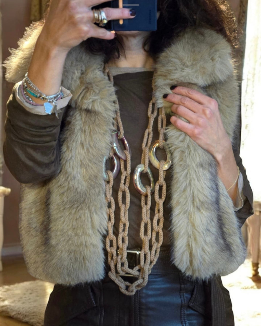 Camel Wool Chain Necklace with Ceramic Rings