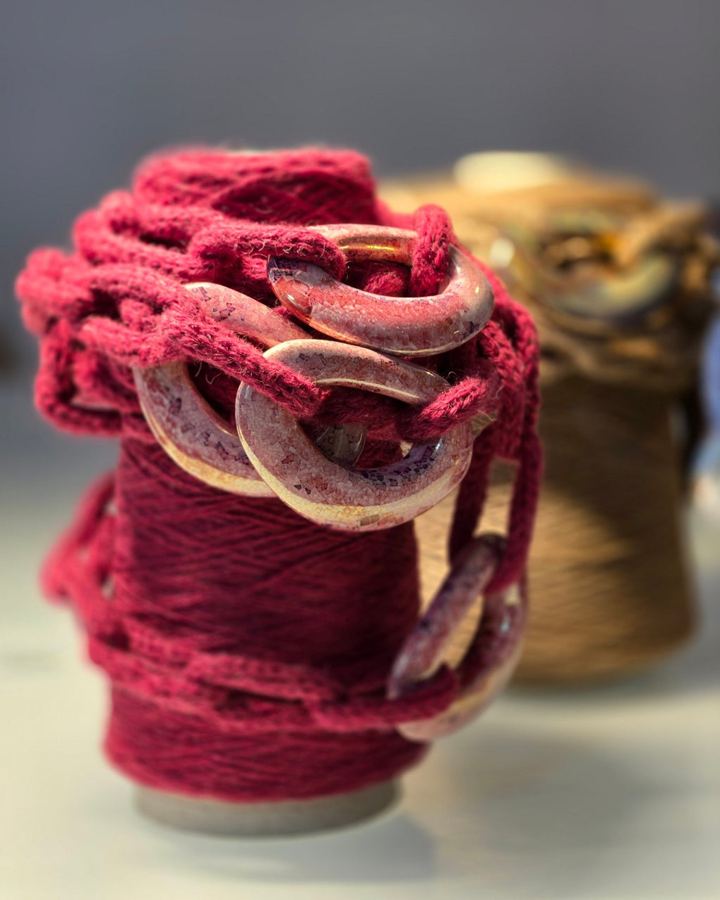 Camel Wool Chain Necklace with Ceramic Rings