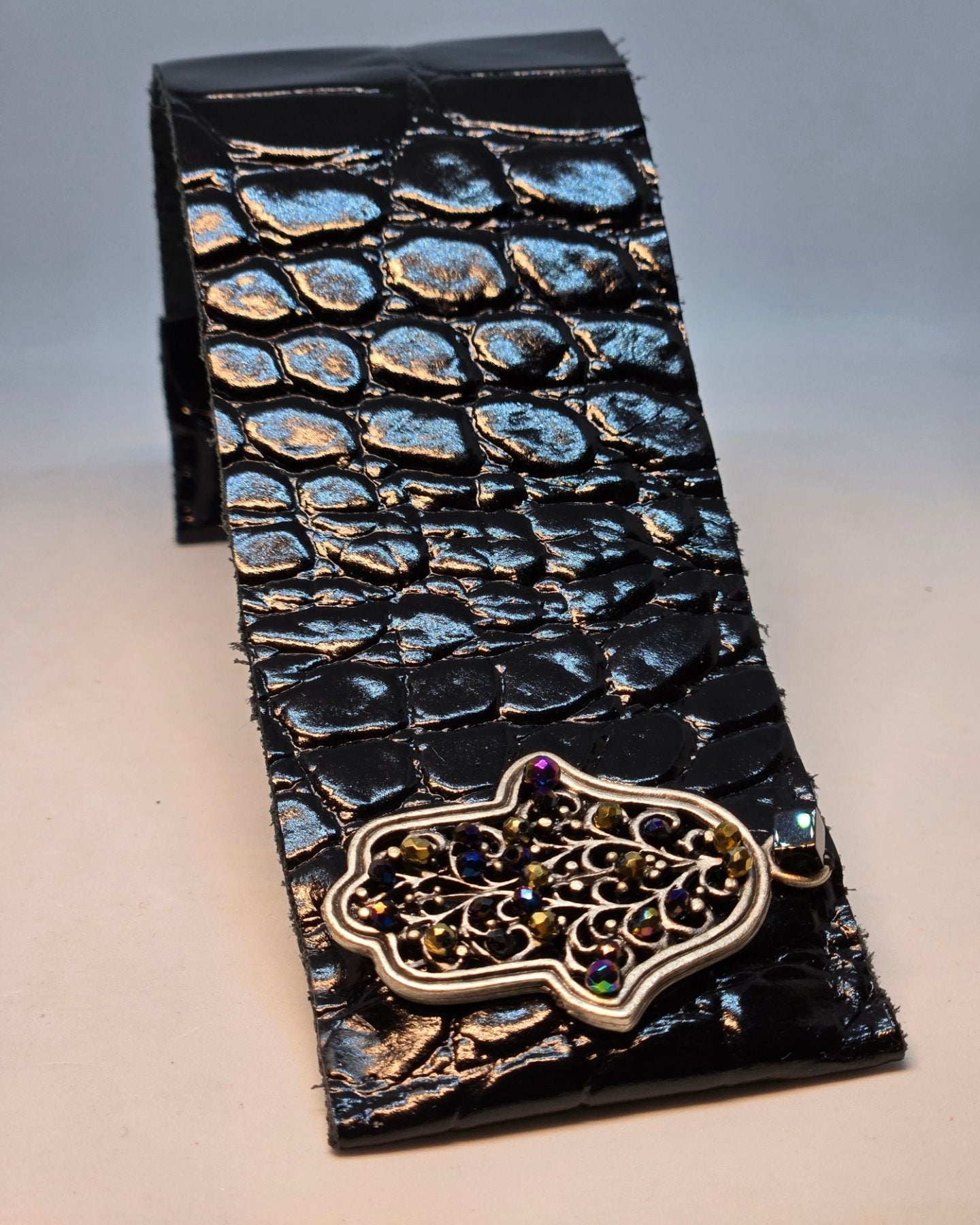 Black Leather Bracelet with Hand of Fatima Clasp