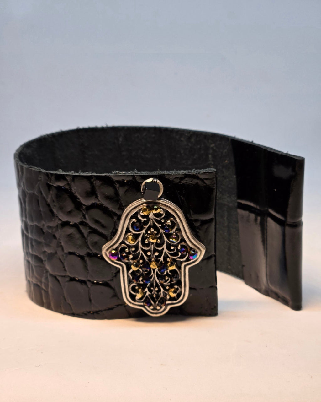 Black Leather Bracelet with Hand of Fatima Clasp