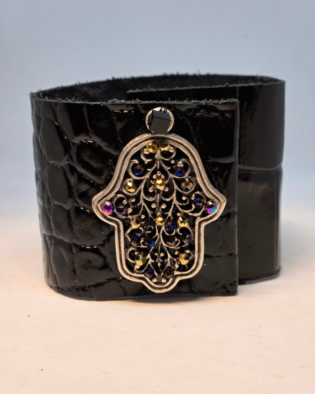 Black Leather Bracelet with Hand of Fatima Clasp