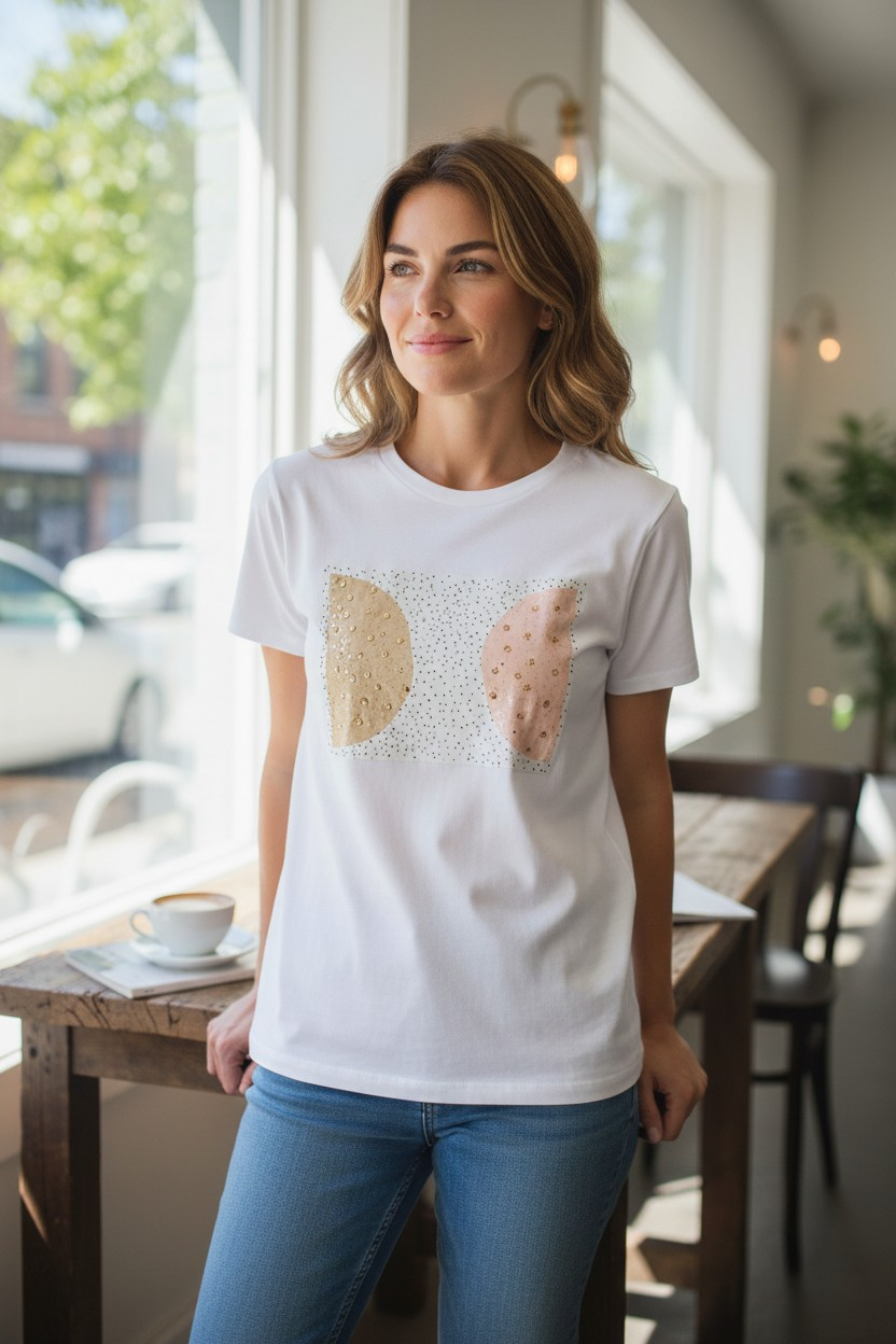 Magliette Artistiche in Cotone Ricami Esclusivi con Perline 3D