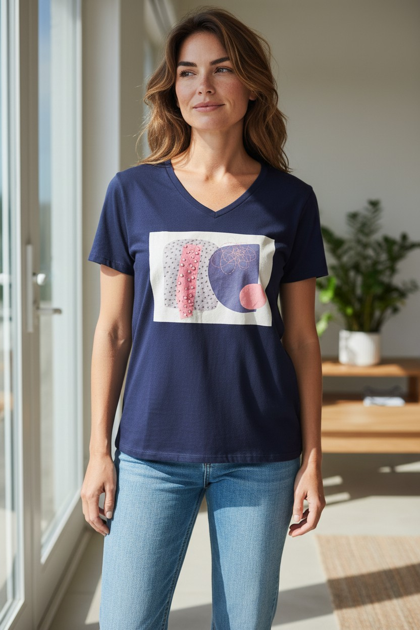 Magliette Artistiche in Cotone Ricami Esclusivi con Perline 3D