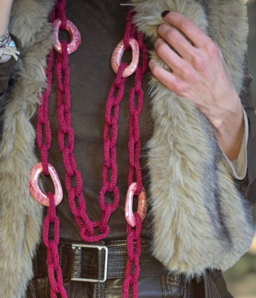 Camel Wool Chain Necklace with Ceramic Rings