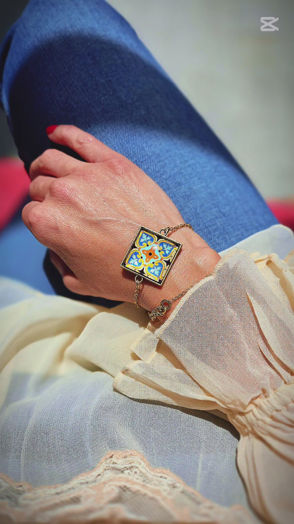 BRACELET with Arabesque Mosaic Motifs in Glass and Stainless Steel