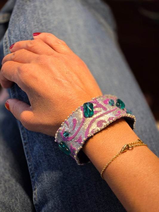 Denim Elegance, Arabesque Design in Lilac and Aqua Green"