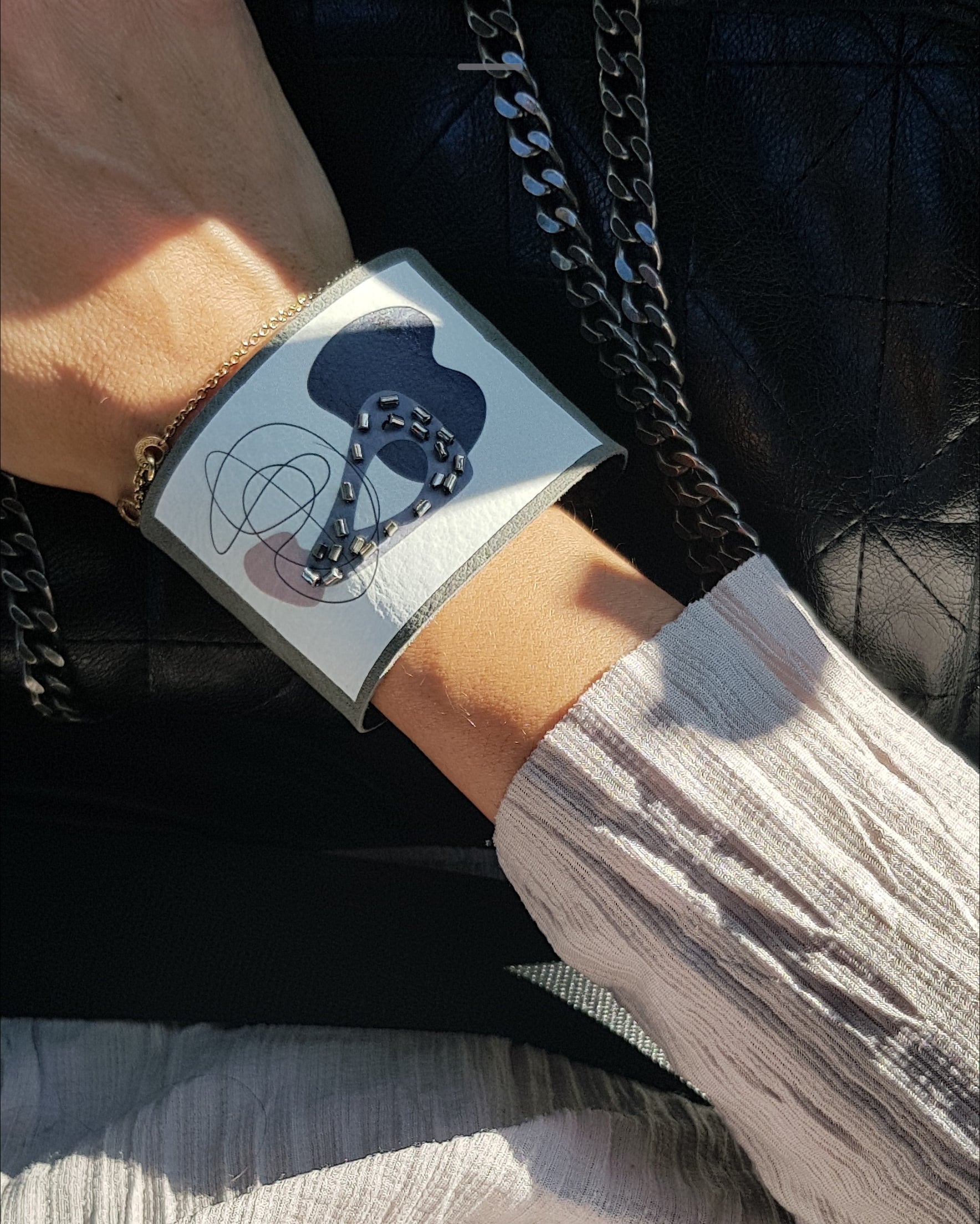 Leather Bracelet with Geometric Design and Beads