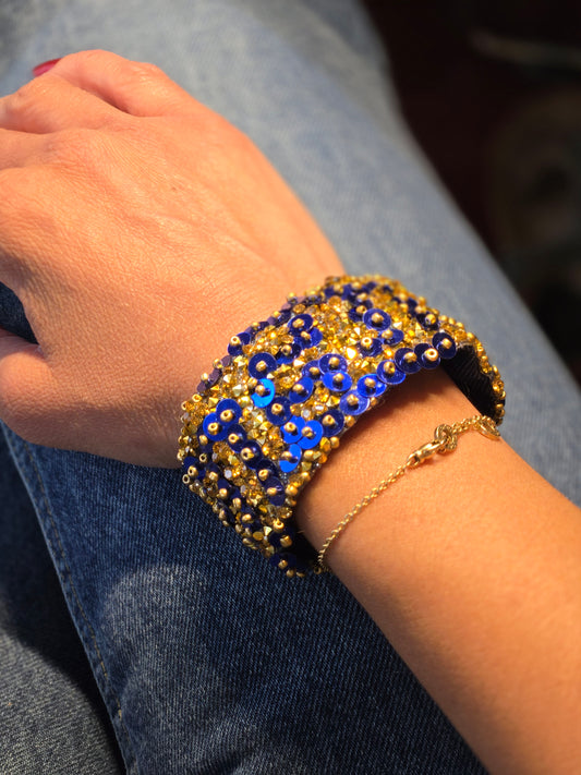 Bracelet Élégance en Denim : Motif Arabesque en Bleu et Or